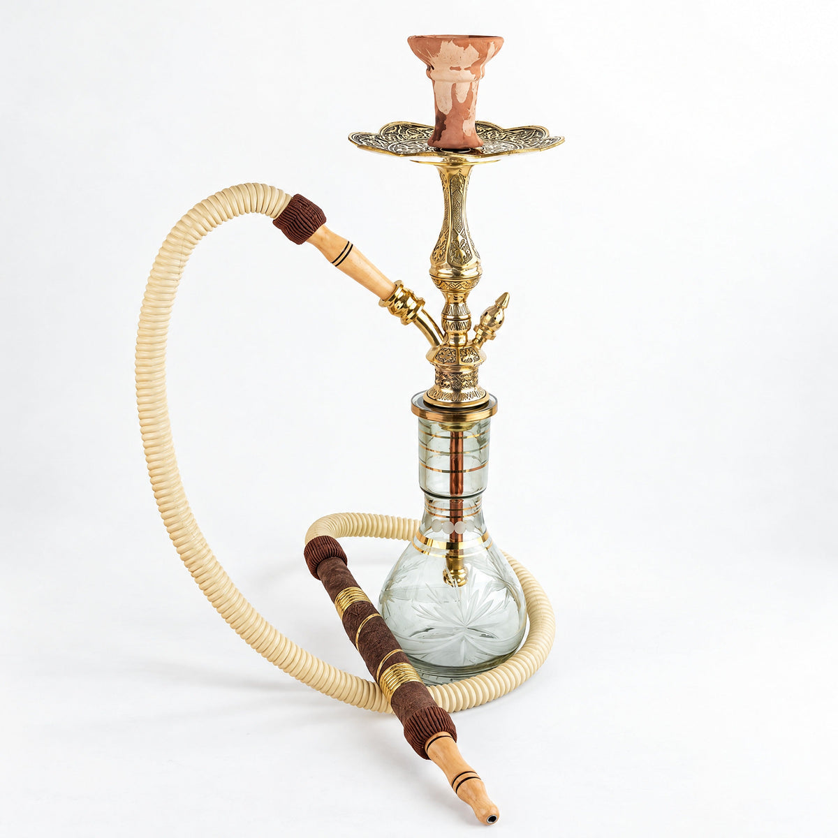 Shika Mini Tryon Brass Shisha Pipe, full set with glass base, hose and bowl, studio shot