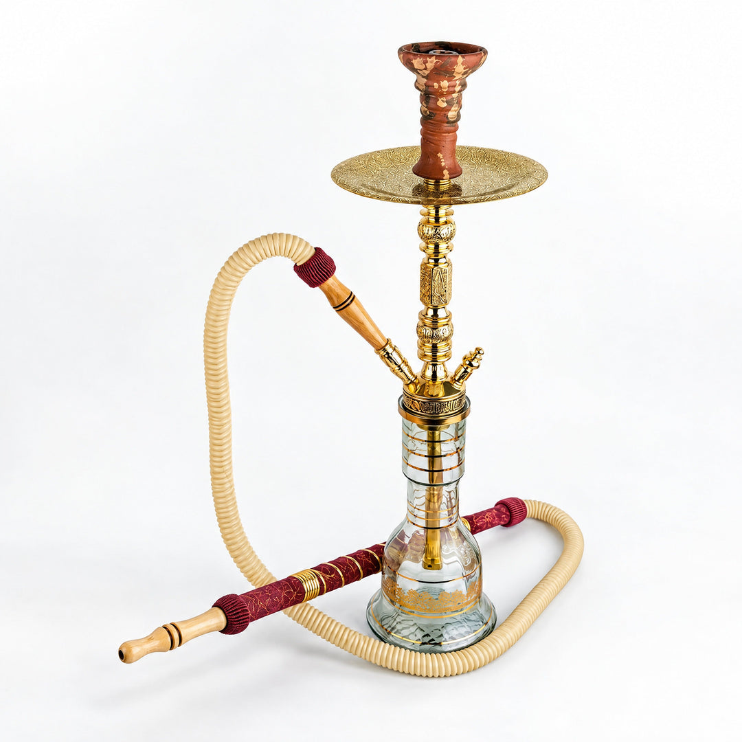 Shika Shogun CNC Brass Shisha Pipe, shown with a glass base and hose, both sold separately, studio shot