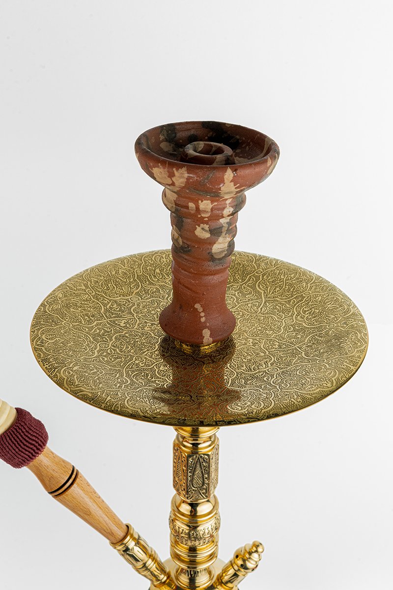 Shika Shogun CNC Brass Shisha Pipe, Oblivion clay bowl on the flat engraved tray