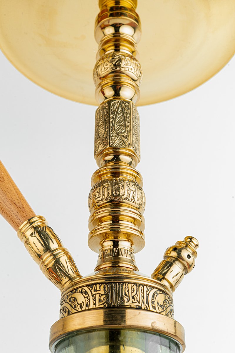 Shika Shogun CNC Brass Shisha Pipe, engraved blocks above the hose port and purge valve