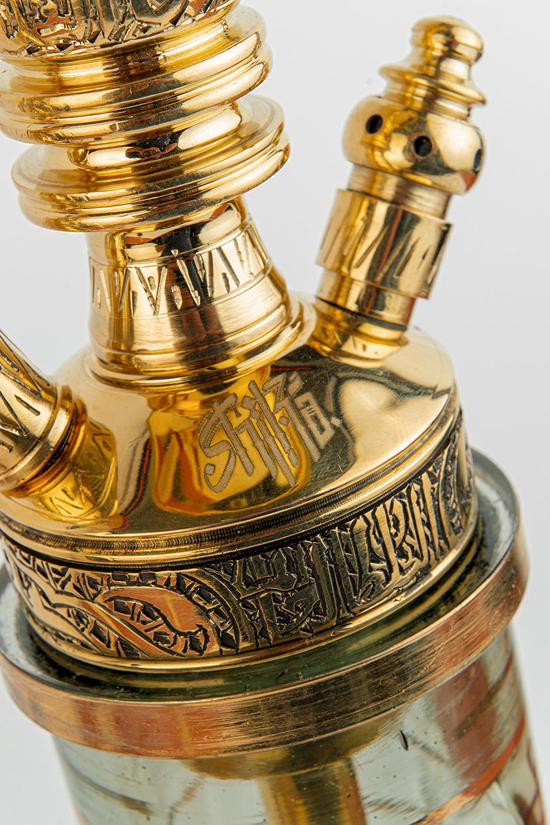Shika Shogun CNC Brass Shisha Pipe, Shika mark and calligraphy band at the foot, close