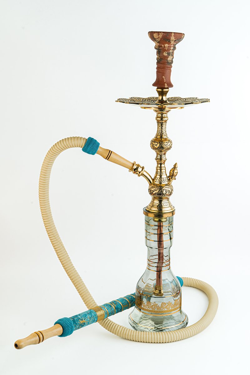 Shika Skyrim Egyptian Brass Shisha Pipe, full set with glass base, hose and bowl, on white