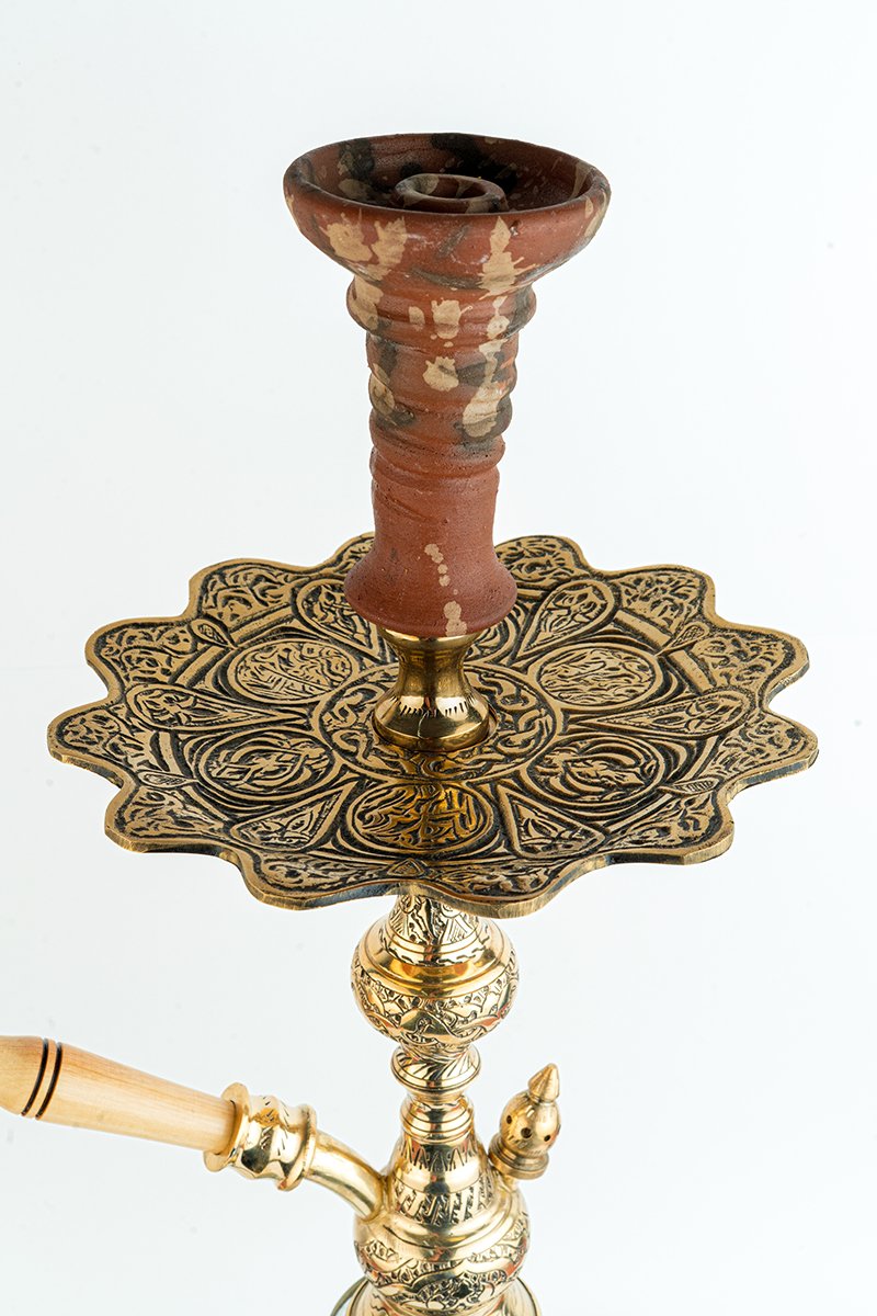 Shika Skyrim Egyptian Brass Shisha Pipe, upper stem and tray, hand engraved brass