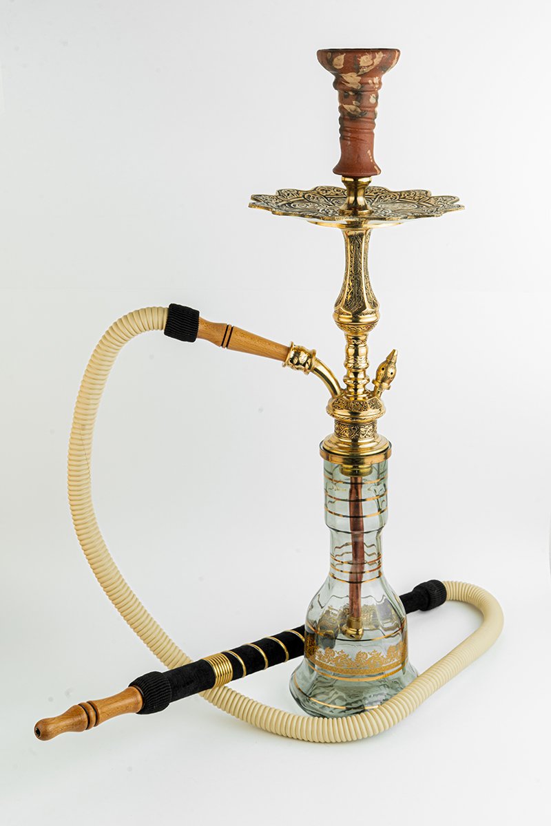Shika Tryon Egyptian Brass Shisha Pipe, full set with glass base, hose and bowl, on white