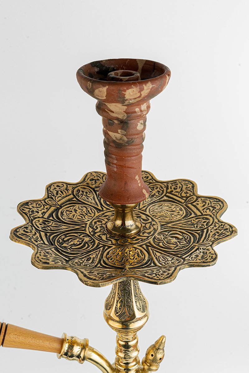 Shika Tryon Egyptian Brass Shisha Pipe, upper stem and tray, hand engraved brass