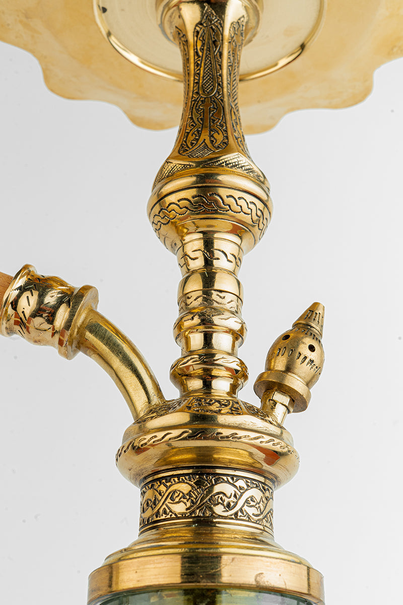 Shika Tryon Egyptian Brass Shisha Pipe, Oblivion clay bowl on the engraved tray, from above