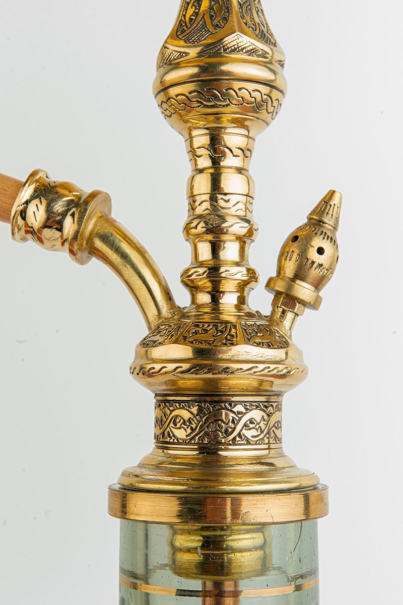 Shika Tryon Egyptian Brass Shisha Pipe, stem engraving, close