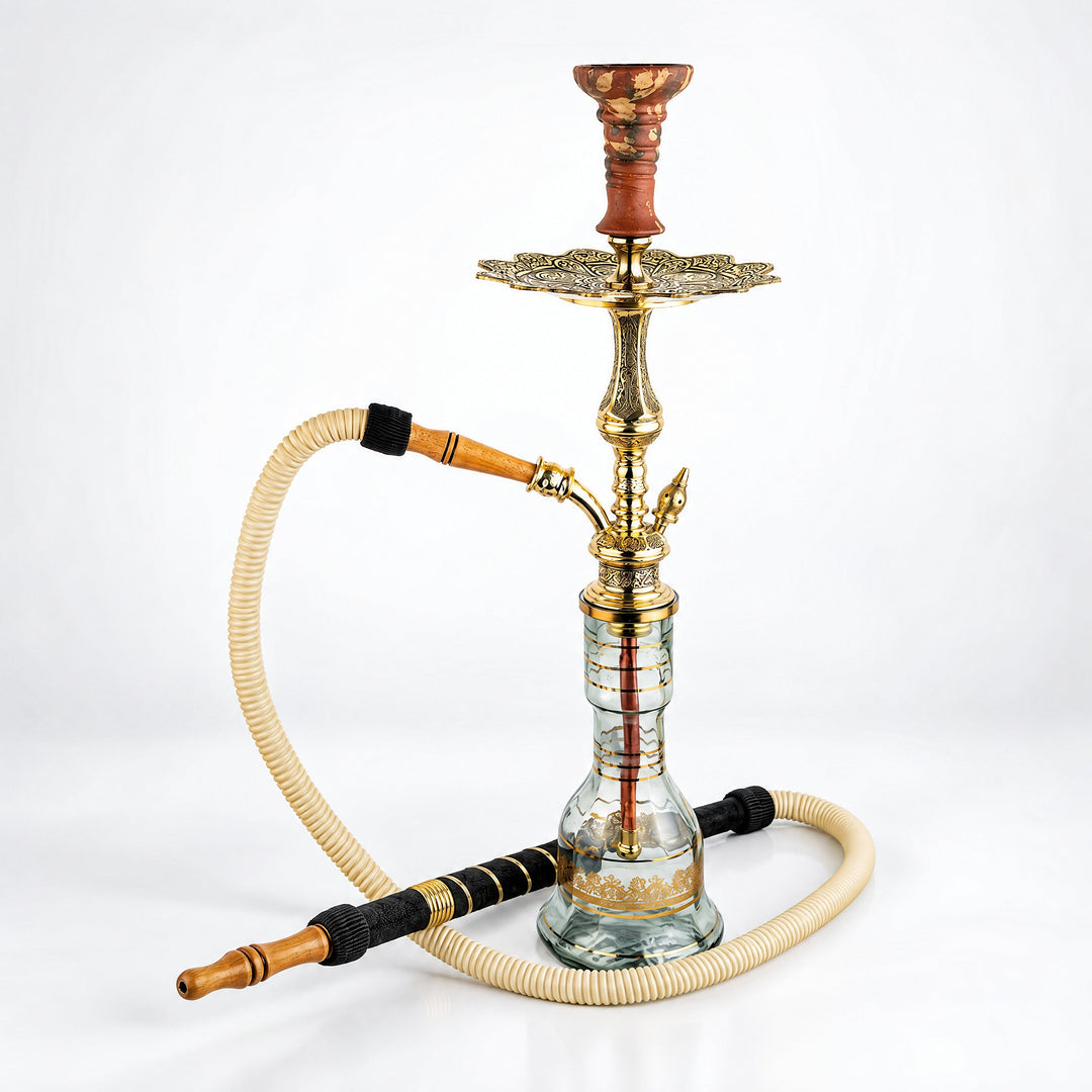 Shika Tryon Egyptian Brass Shisha Pipe, full set with glass base, hose and bowl, studio shot