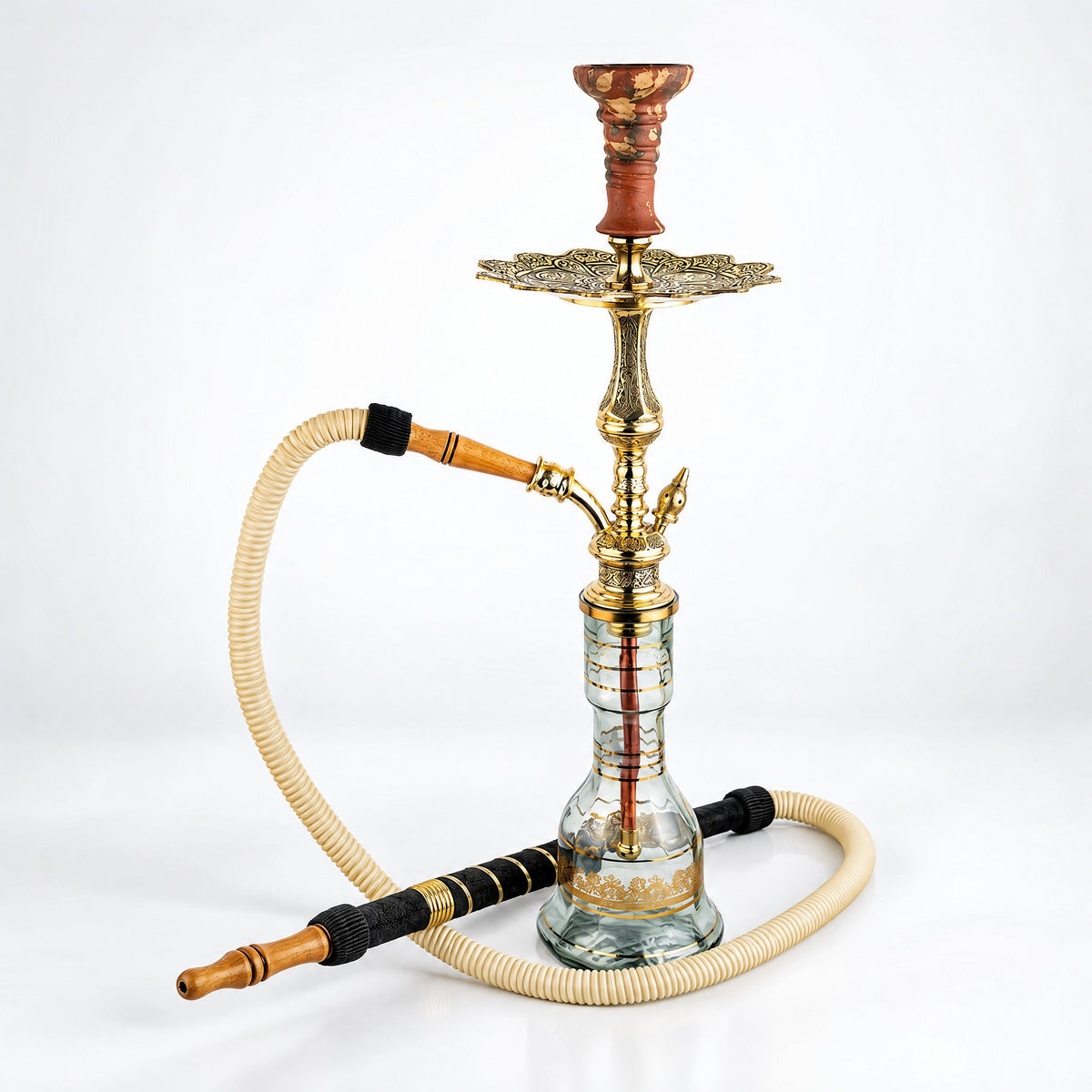 Shika Tryon Egyptian Brass Shisha Pipe, full set with glass base, hose and bowl, studio shot