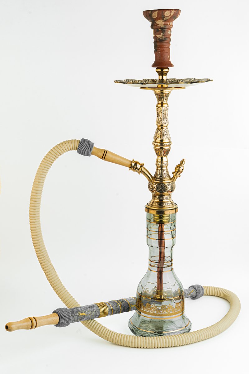 Shika Valen Egyptian Brass Shisha Pipe, full set with glass base, hose and bowl, on white