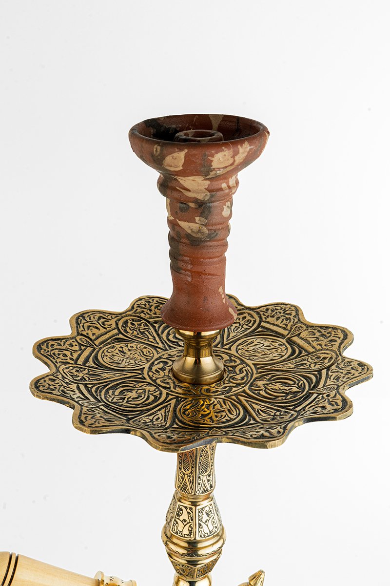 Shika Valen Egyptian Brass Shisha Pipe, upper stem and tray, hand engraved brass