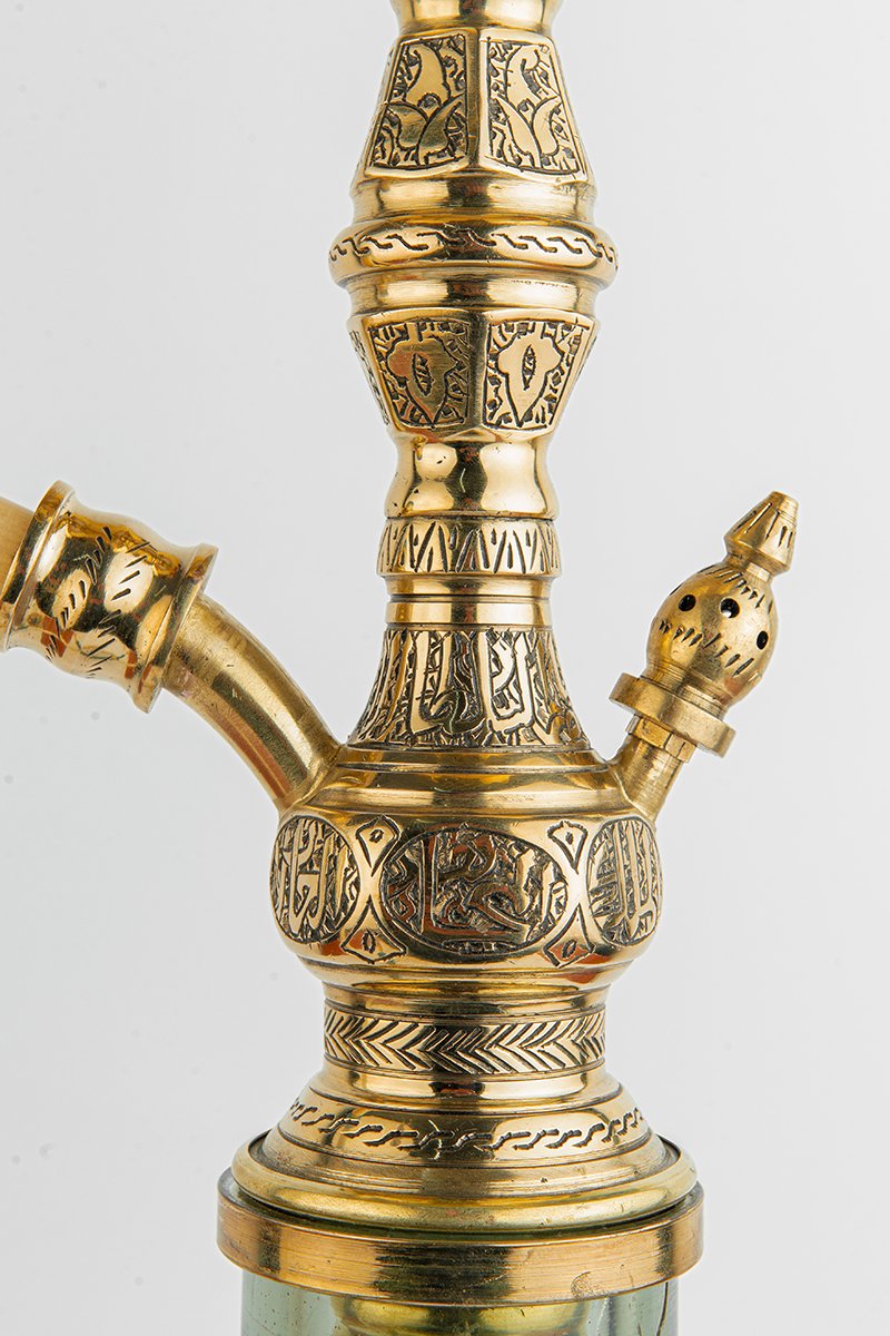 Shika Valen Egyptian Brass Shisha Pipe, stem engraving detail