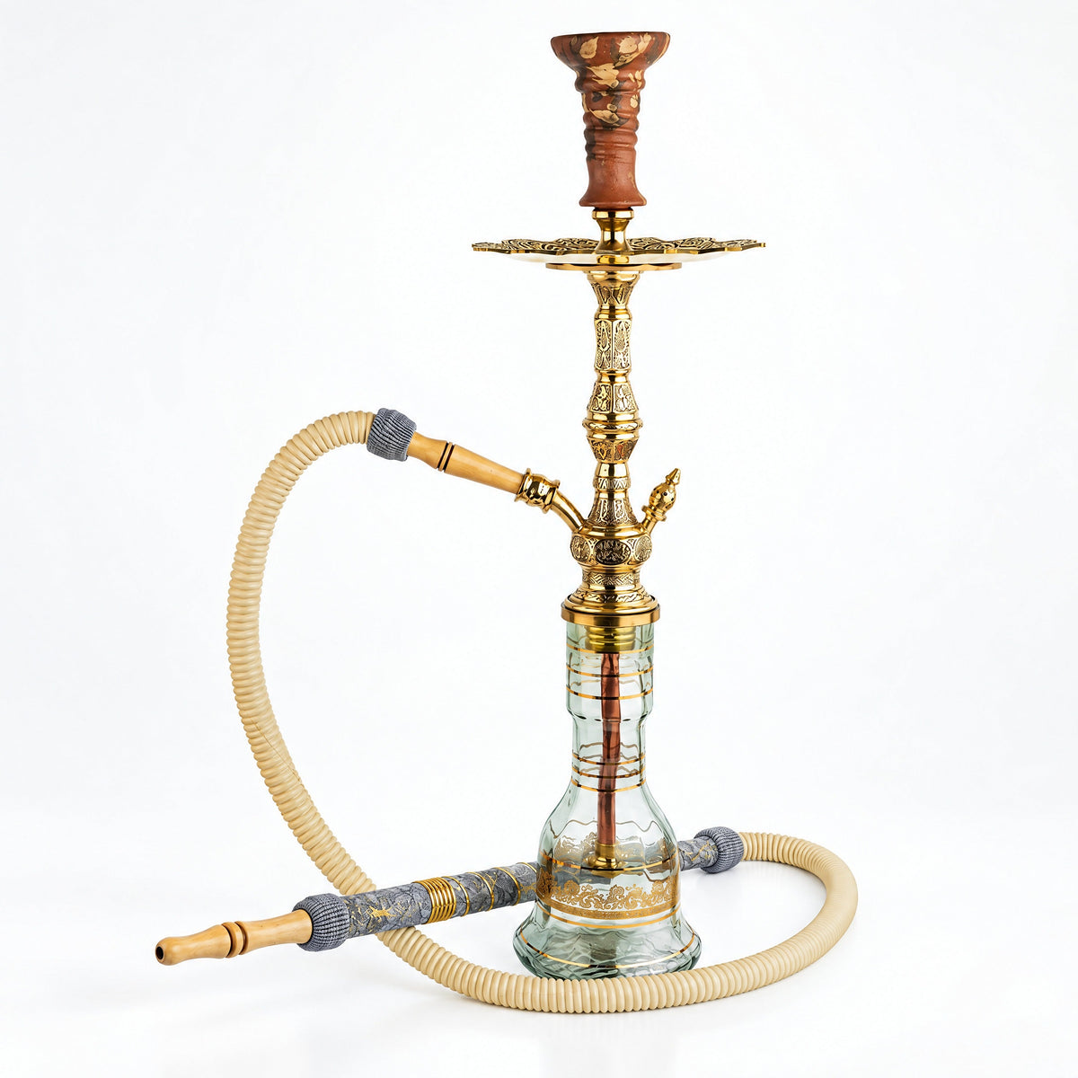 Shika Valen Egyptian Brass Shisha Pipe, full set with glass base, hose and bowl, studio shot