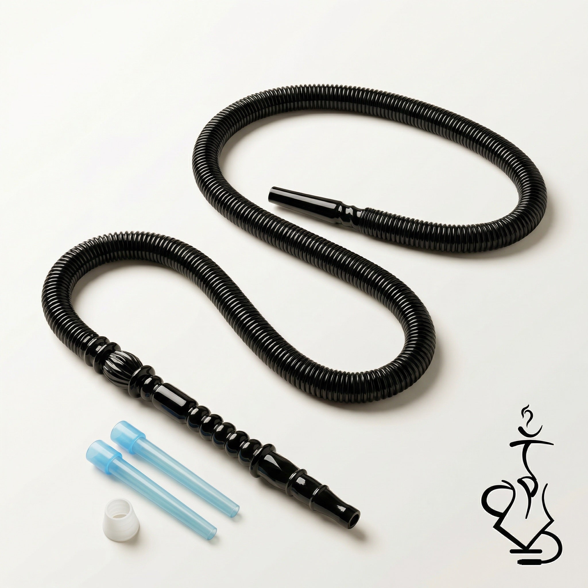 ShishaDoc 1.8m disposable hookah hose in black with ornamental handle, two disposable mouth tips, and silicone grommet on warm white studio background