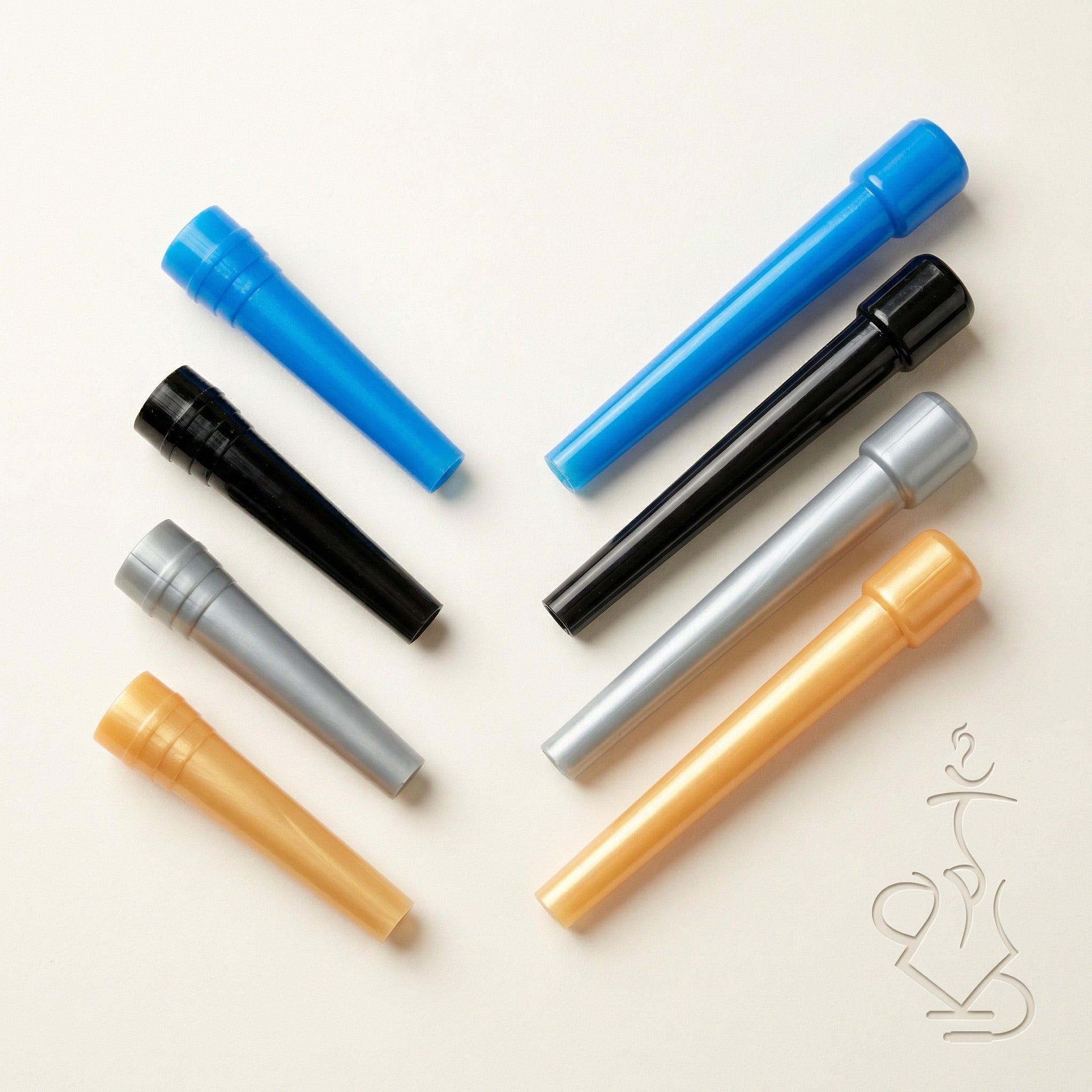 ShishaDoc disposable hookah mouth tips in short and long sizes showing all four colours — blue, black, silver, and orange — on warm white studio background