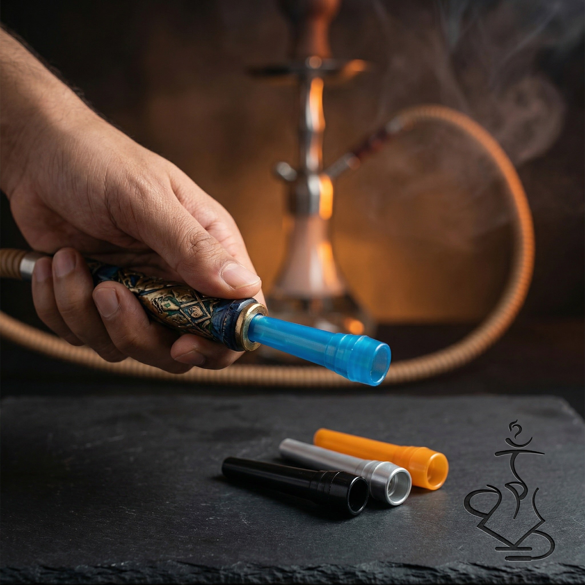ShishaDoc disposable mouth tip in blue inserted into a hookah mouthpiece during a session with additional colour options on the table