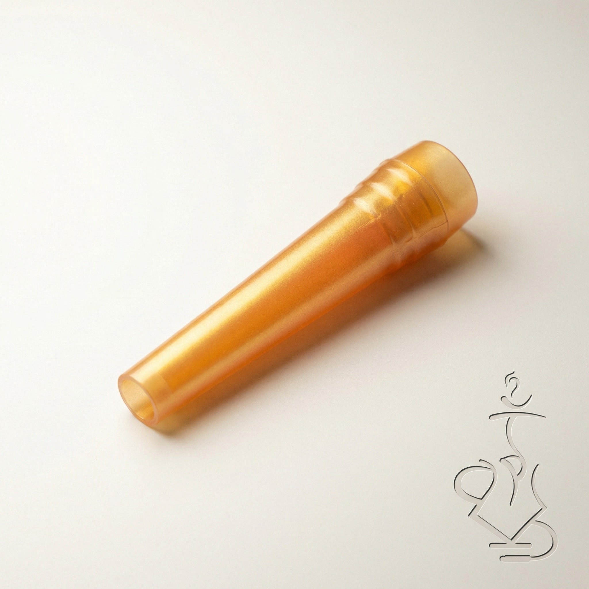 ShishaDoc disposable hookah mouth tip in short pearlescent orange on warm white studio background