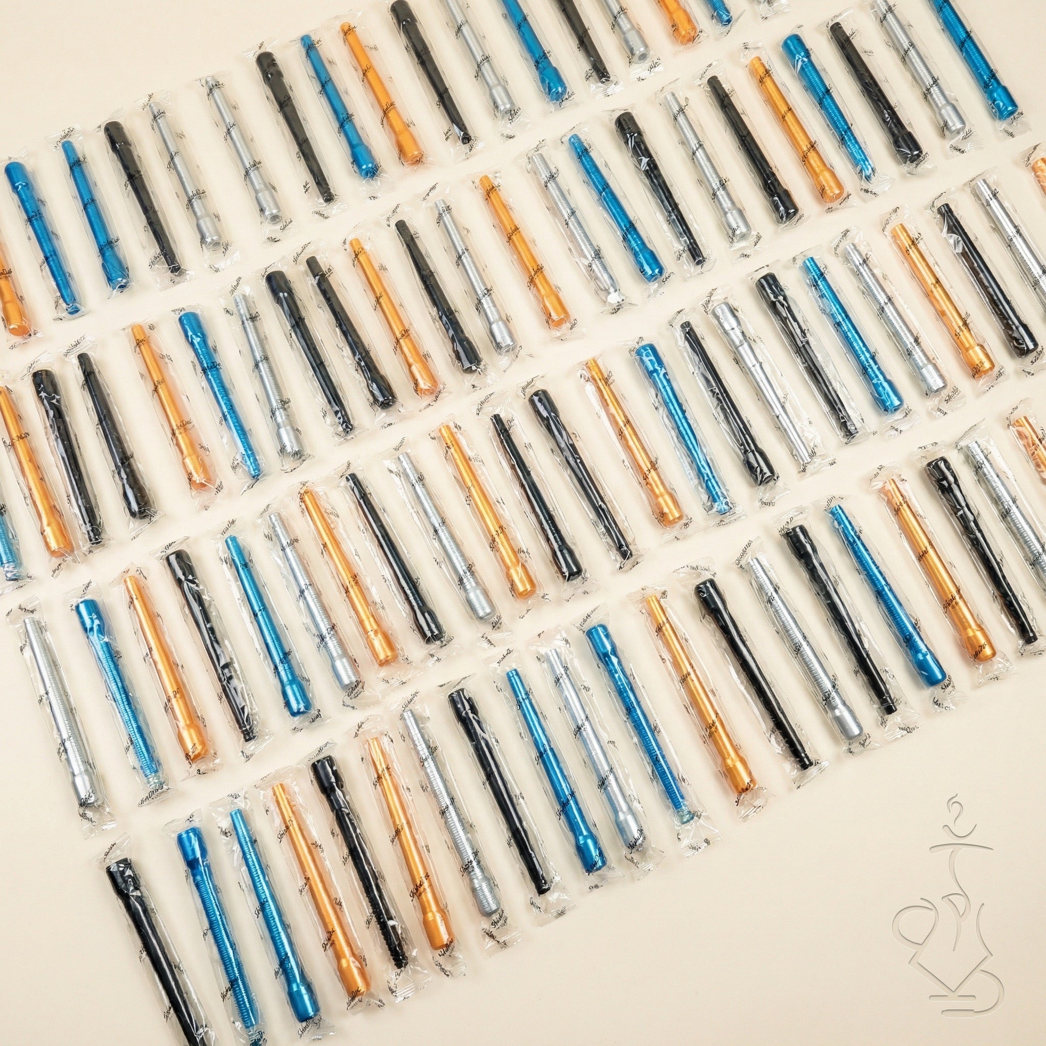 100-pack of ShishaDoc disposable hookah mouth tips in long size arranged in a flat-lay grid showing mixed colour assortment