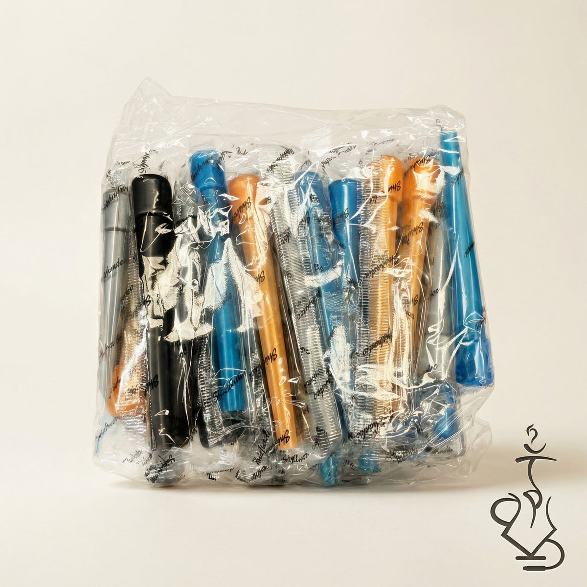 Sealed bag of individually wrapped ShishaDoc disposable hookah mouth tips in long size showing mixed colour assortment, image 8 of 13