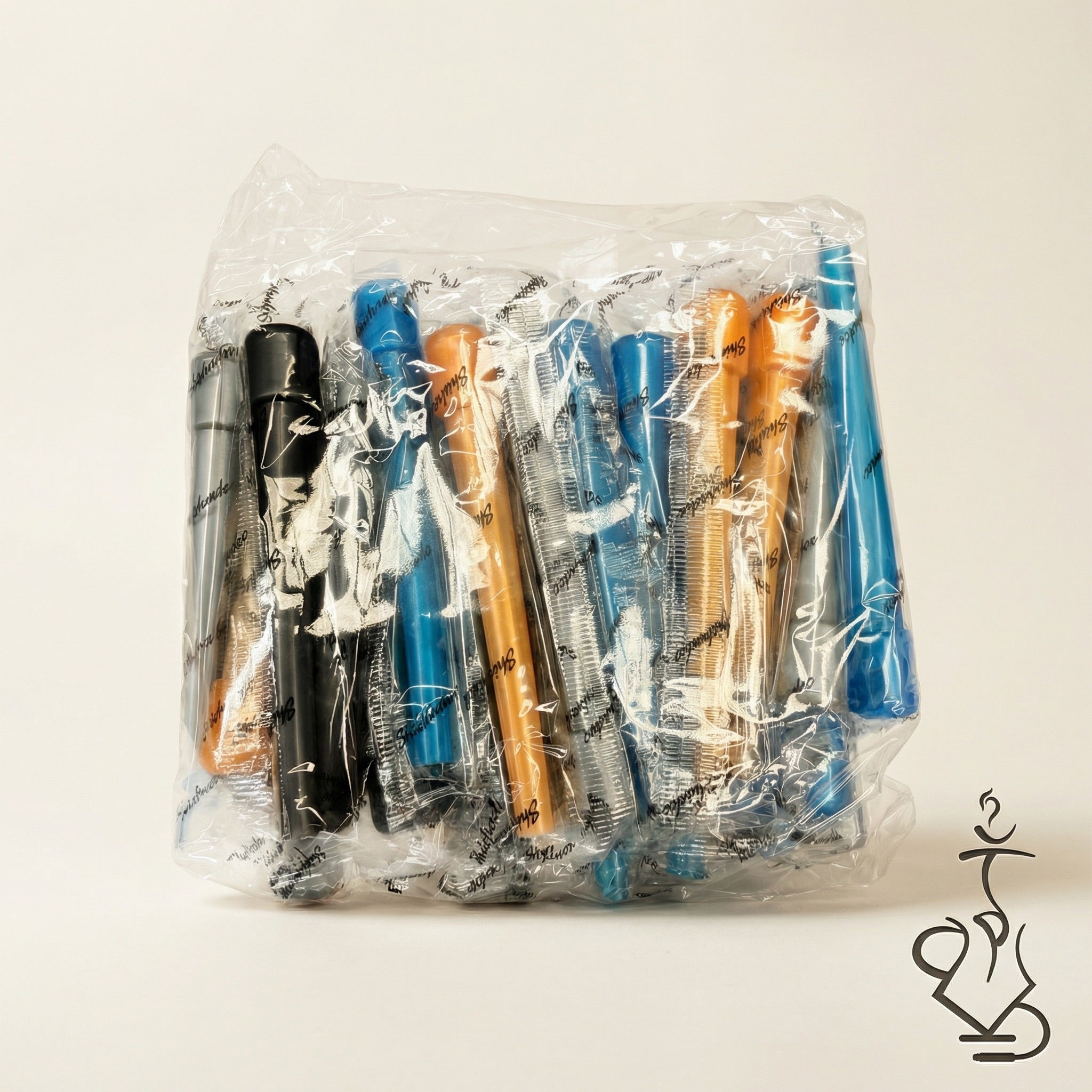 Sealed bag of individually wrapped ShishaDoc disposable hookah mouth tips in long size showing mixed colour assortment