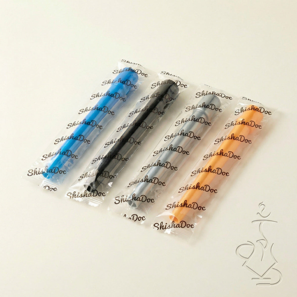 Four individually wrapped ShishaDoc disposable mouth tips in long size showing blue, black, silver, and orange colours, image 6 of 13