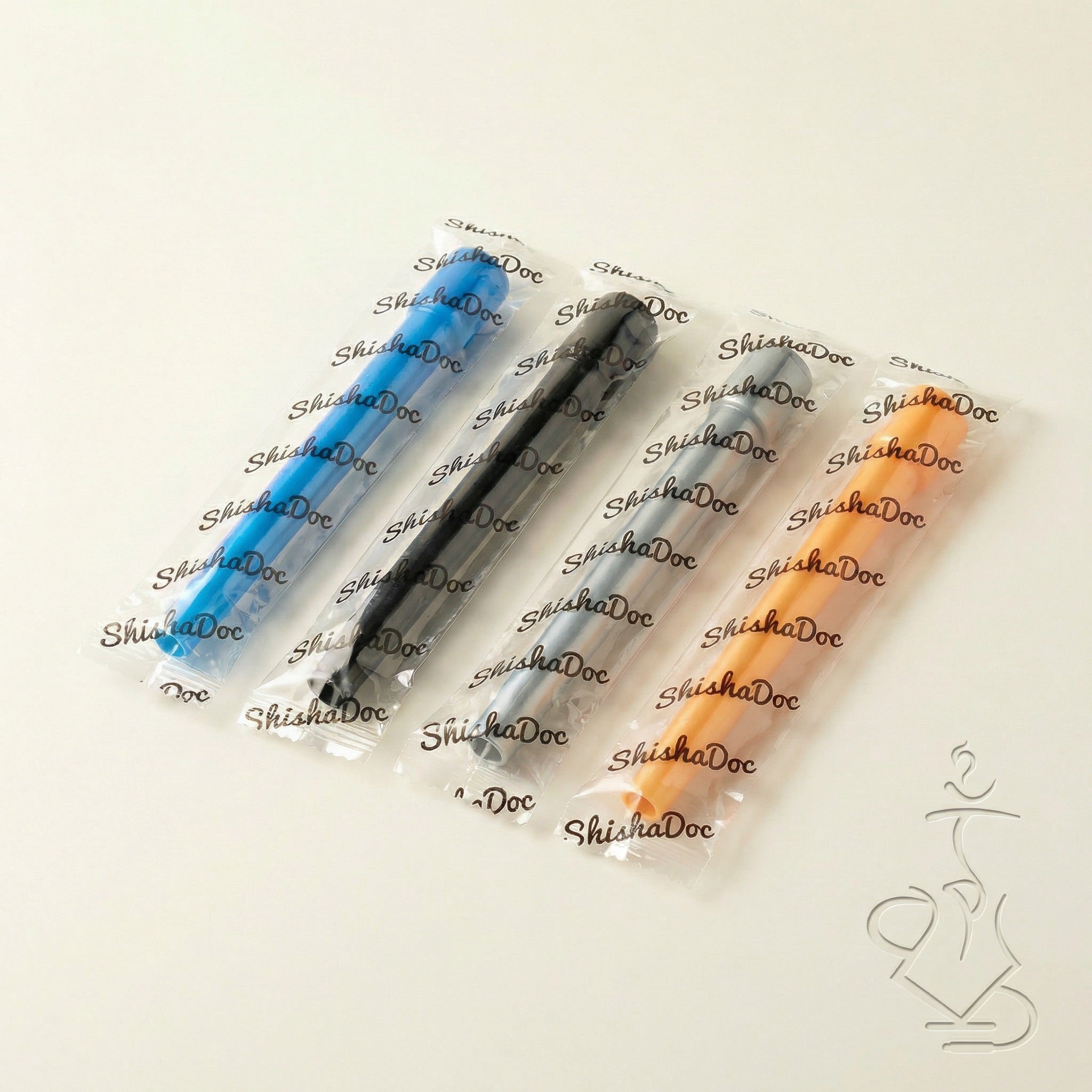 Four individually wrapped ShishaDoc disposable mouth tips in long size showing blue, black, silver, and orange colours