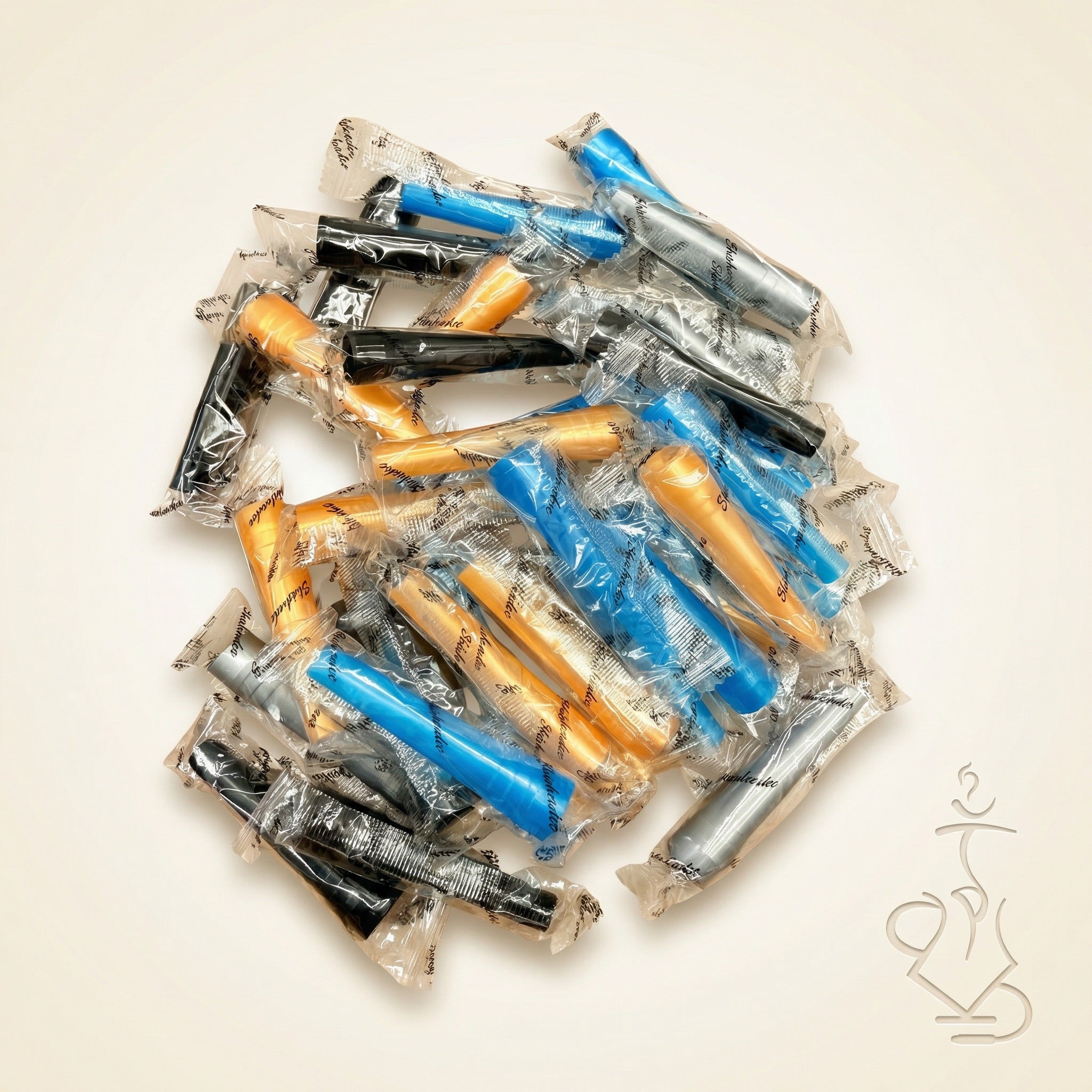 Pile of individually wrapped ShishaDoc disposable hookah mouth tips in short size showing mixed blue, black, silver, and orange colours