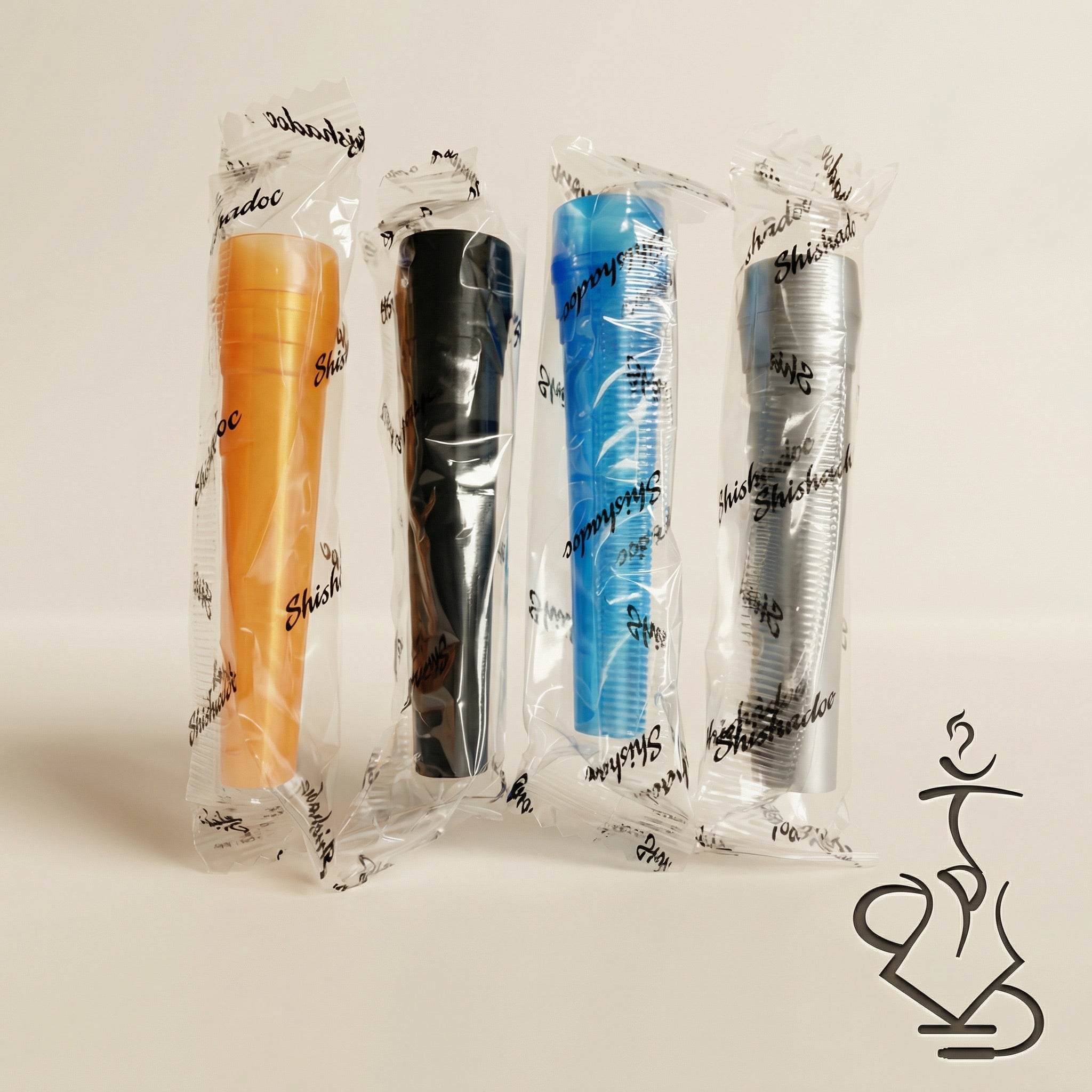 Four individually wrapped ShishaDoc disposable mouth tips in short size showing blue, black, silver, and orange colours