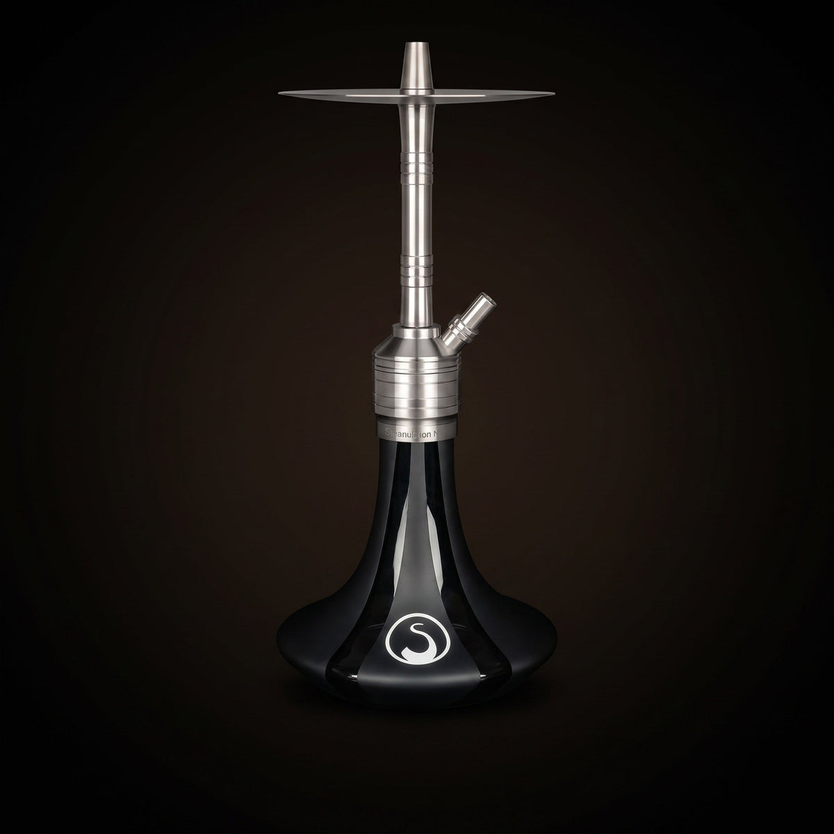 Steamulation Mini Gen II Black Matt hookah on warm dark backdrop, brushed satin stem and matte base, The Premium Shisha, image 4 of 12