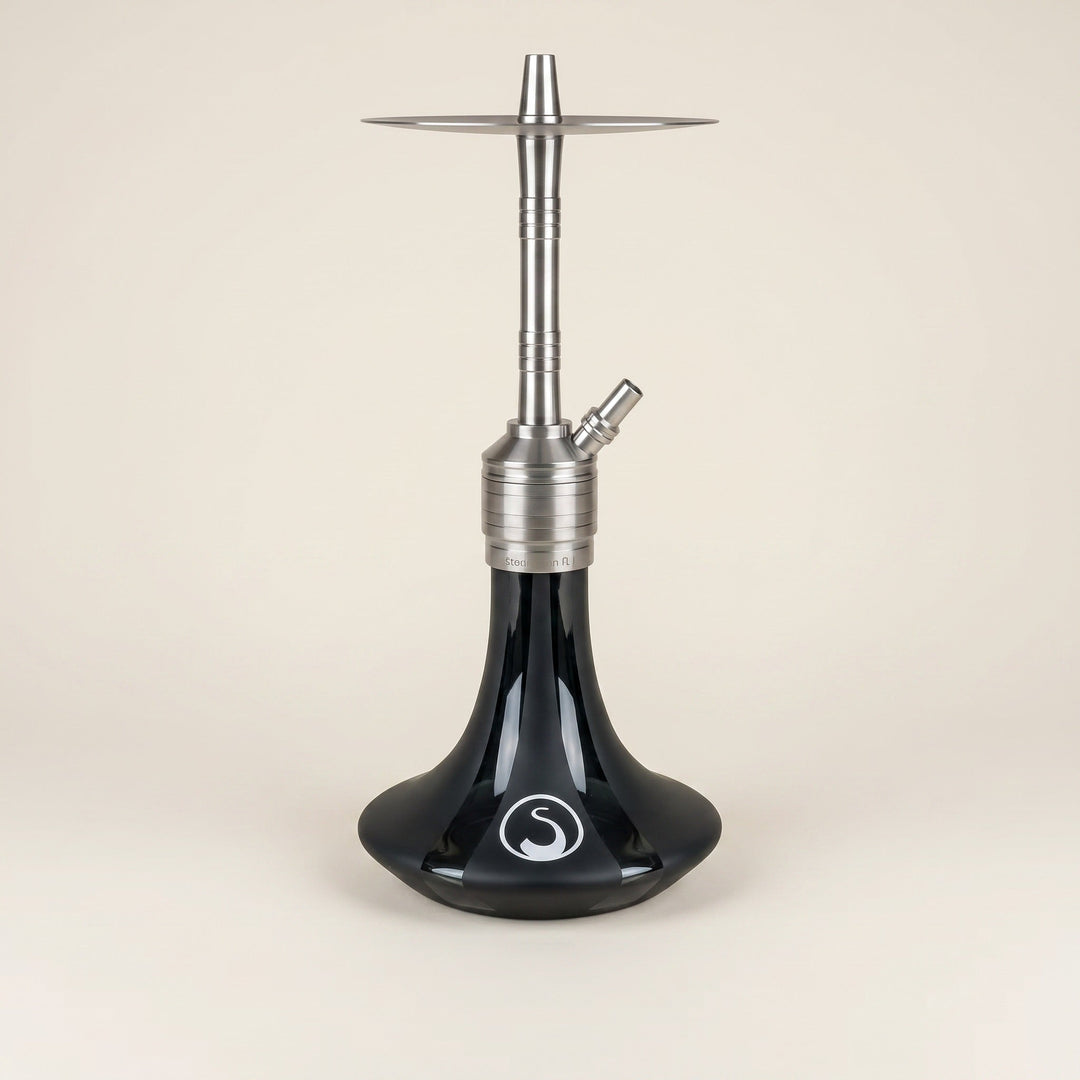 Steamulation Mini Gen II Black Matt hookah three-quarter view showing satin stem and bell-flared base, The Premium Shisha