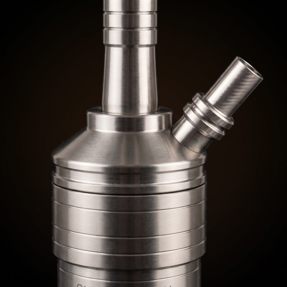 Steamulation Mini Gen II SteamClick 360 closure detail with ribbed stainless housing and hose port, The Premium Shisha, image 5 of 12