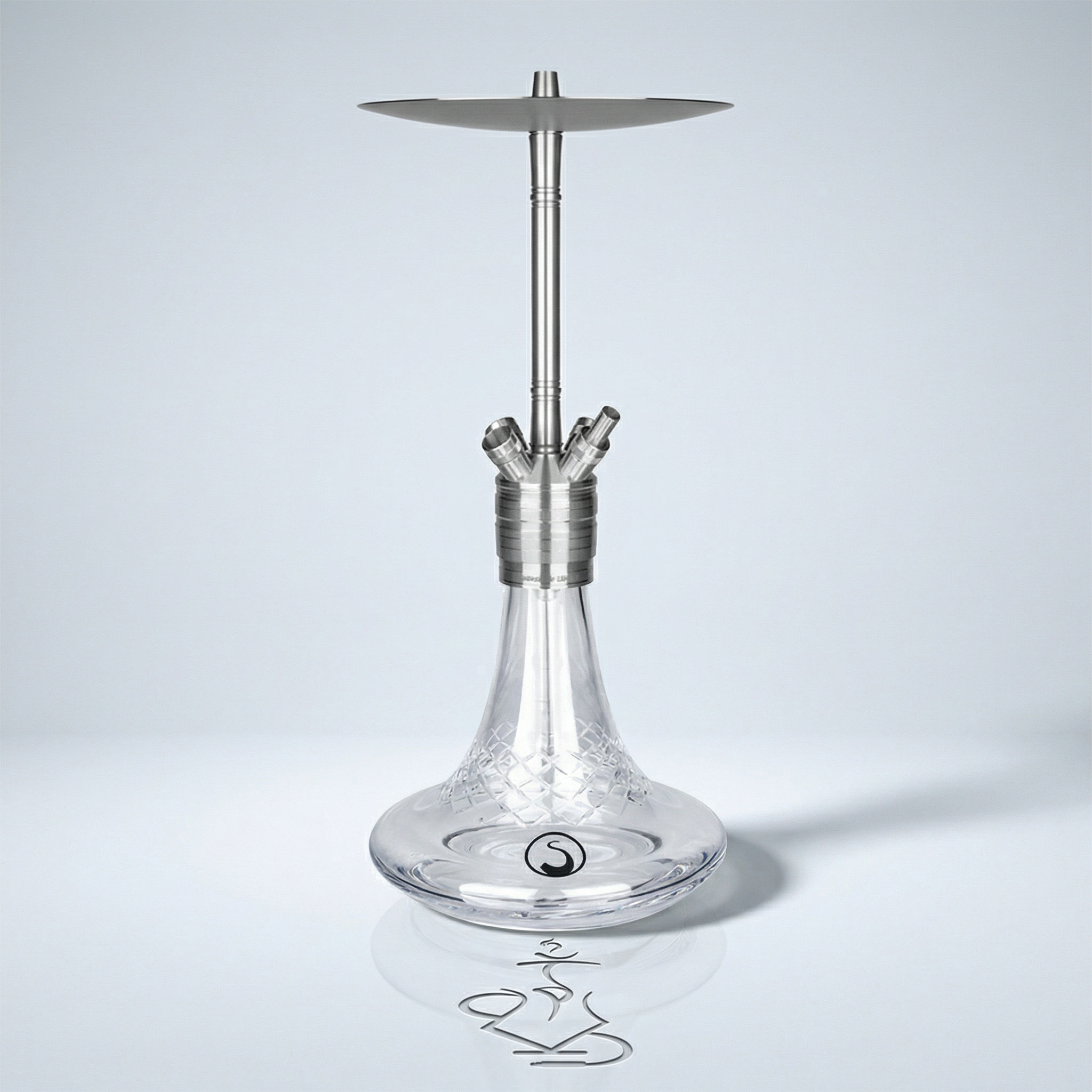 Steamulation Ultimate Gen II hookah in Clear Crystal finish with diamond-cut glass base and stainless steel stem, studio photograph on white background
