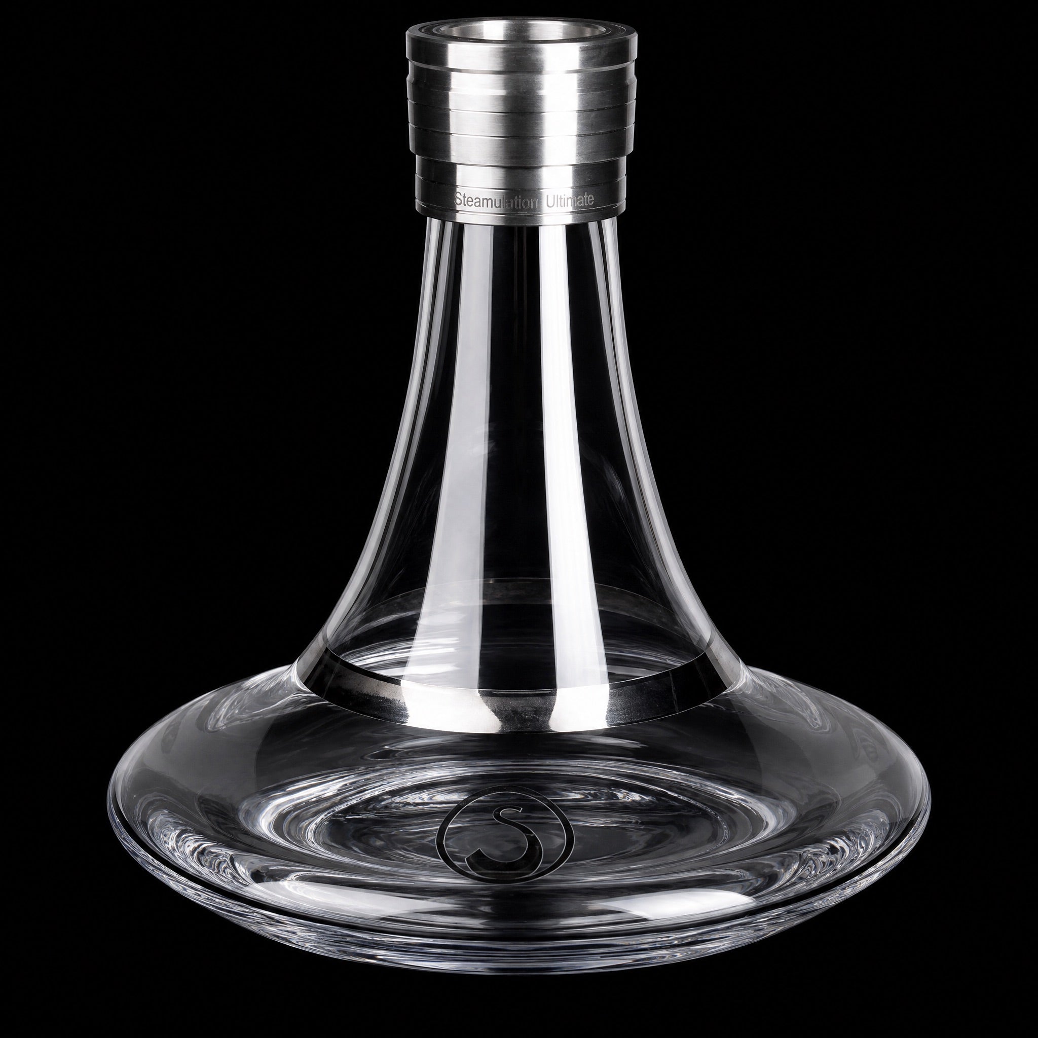 Steamulation Ultimate One Gen II clear crystal glass base with engraved S logo and brushed steel collar