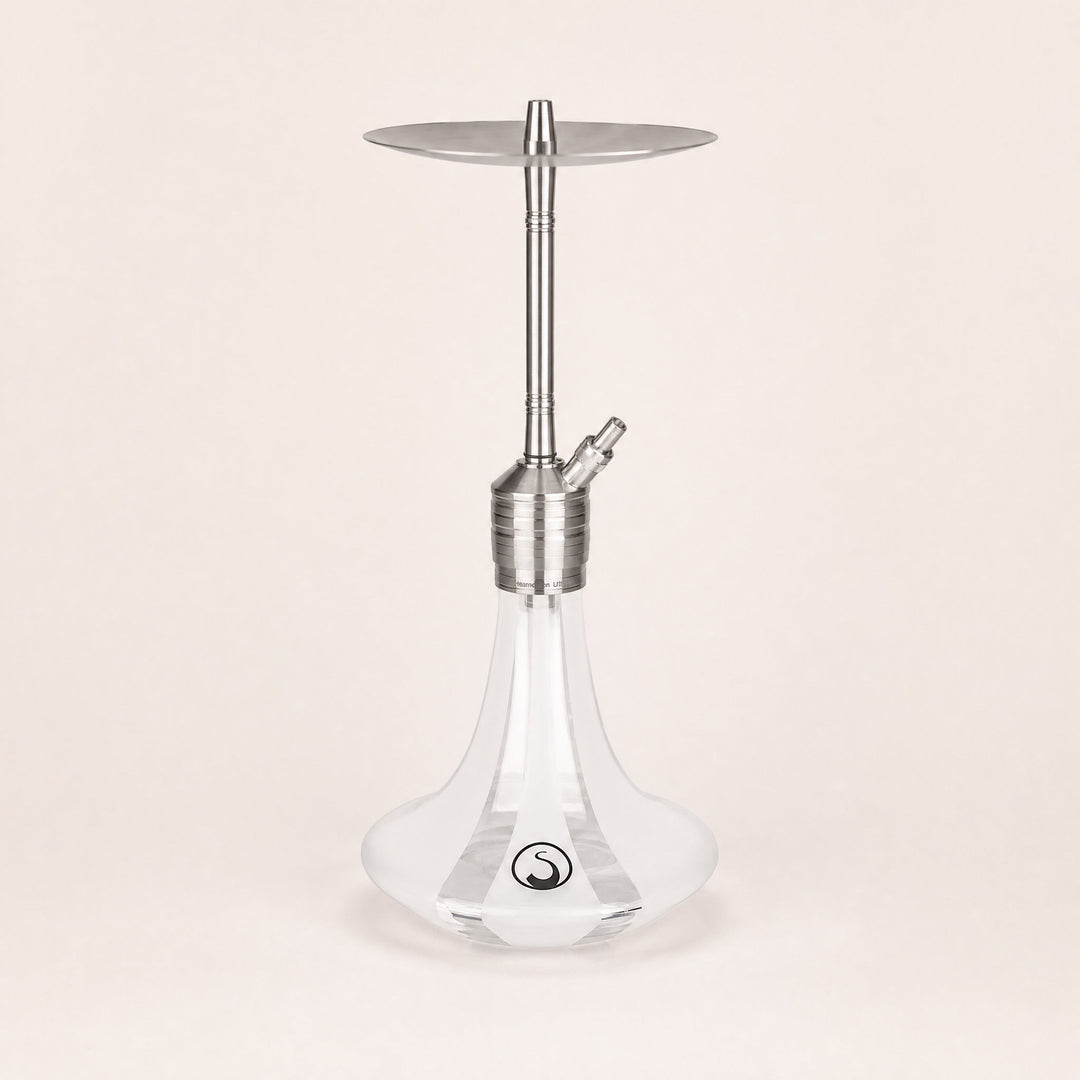 Steamulation Ultimate One Gen II shisha pipe in White Matt with crystal glass base and stainless SteamClick collar