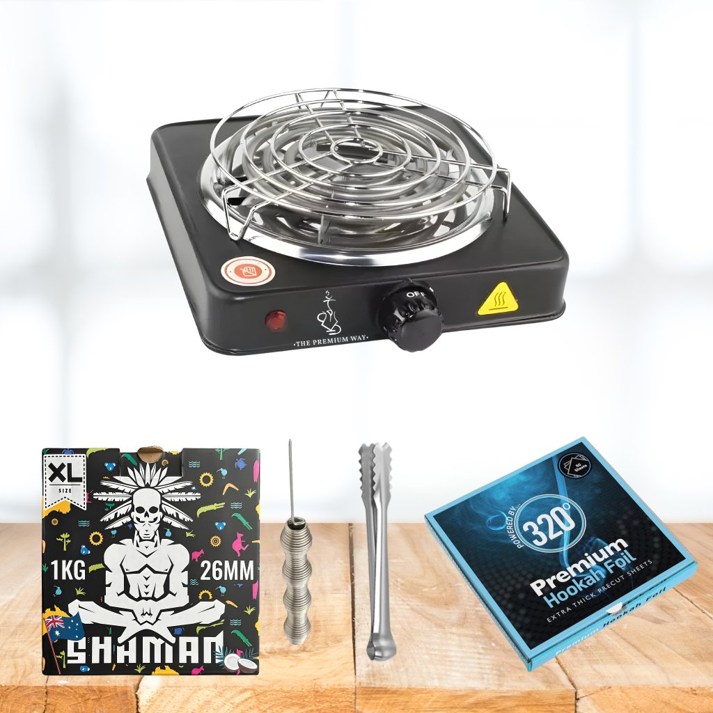 Ultimate shisha bundle with 1000 W burner, 1 kg Shaman coals, 40 µm foil, tongs and poker