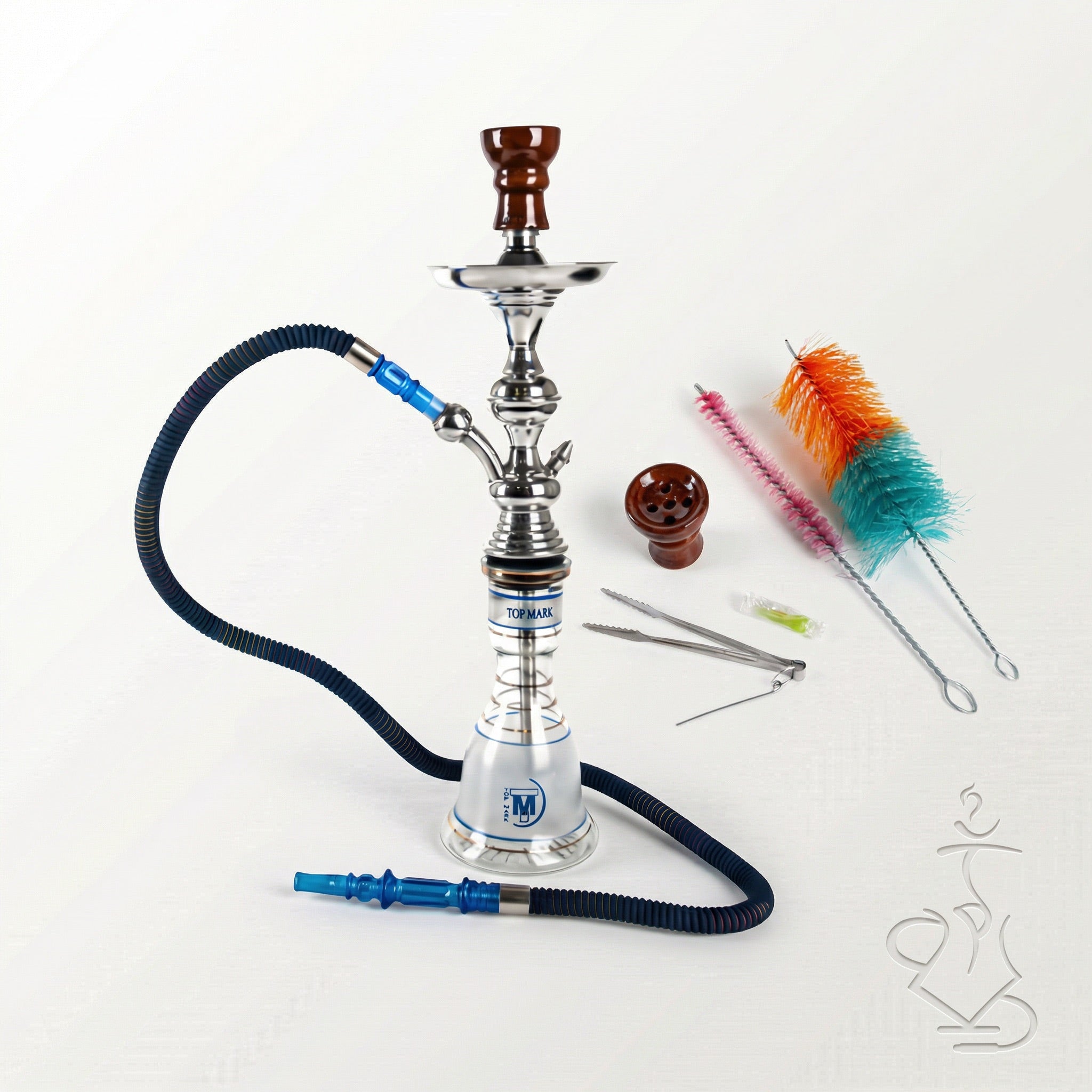Top Mark Sokar 22/1 complete hookah kit laid out on white background showing chrome stem, blue-decorated glass base, clay bowl, navy hose, tongs, and cleaning brushes