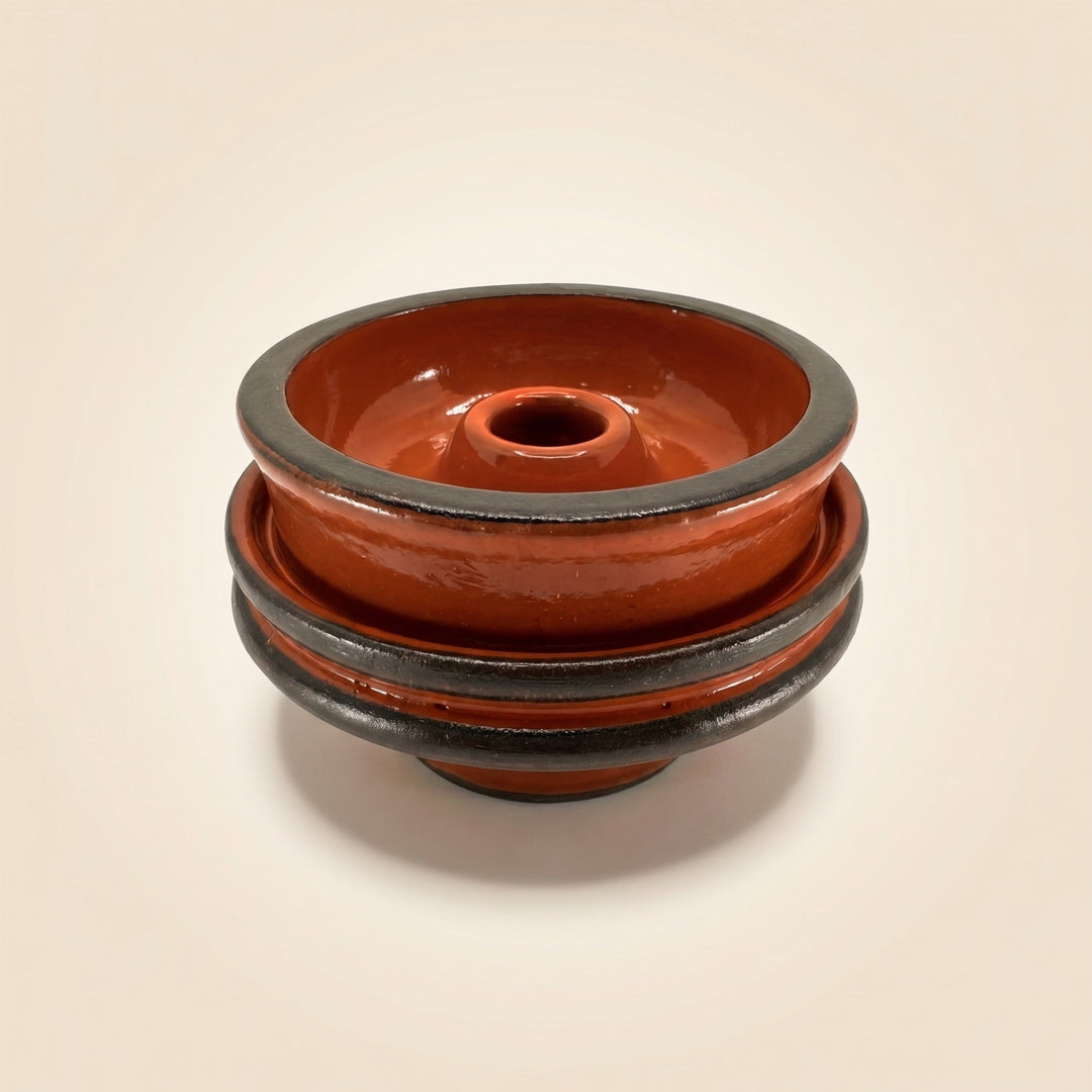 Diablo Rust phunnel shisha bowl, glossy terracotta glaze with matte dark clay bands on stacked ceramic body