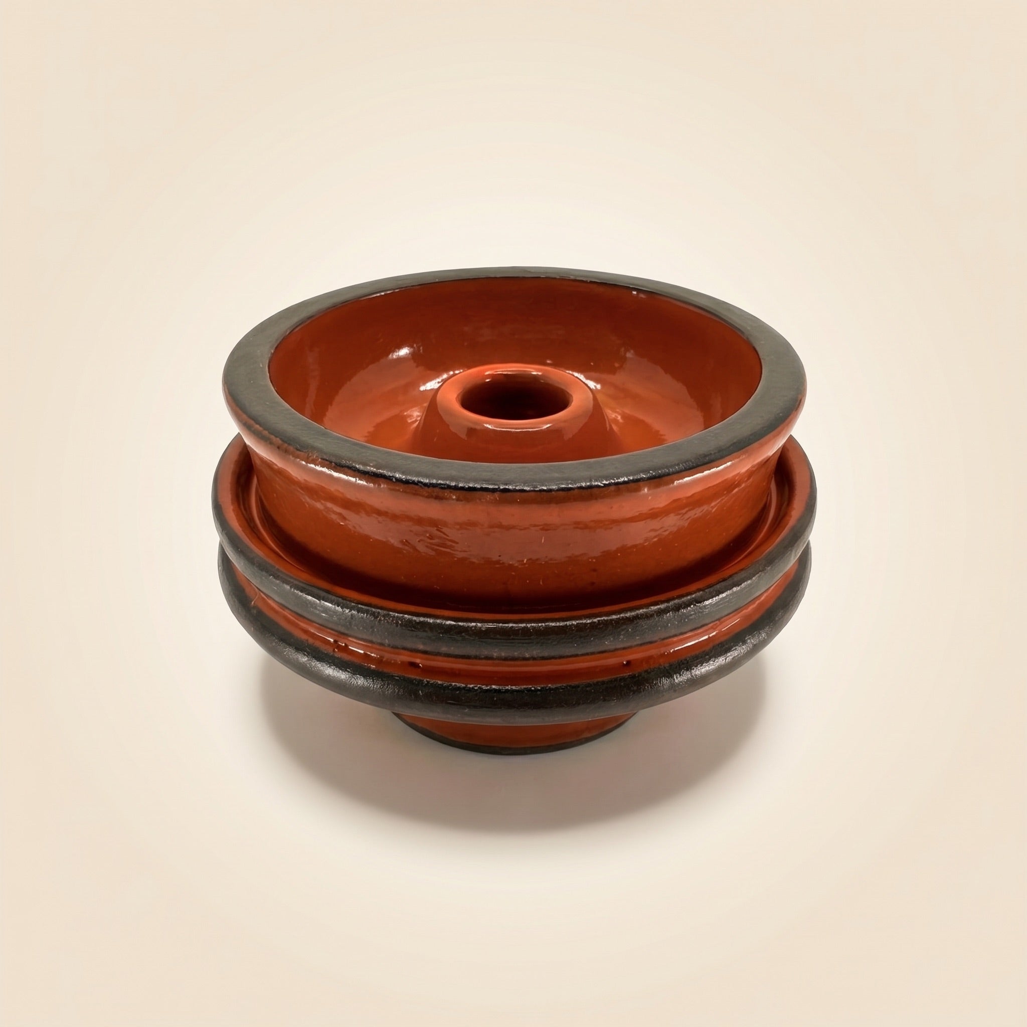 Diablo Rust phunnel shisha bowl, glossy terracotta glaze with matte dark clay bands on stacked ceramic body, The Premium Way