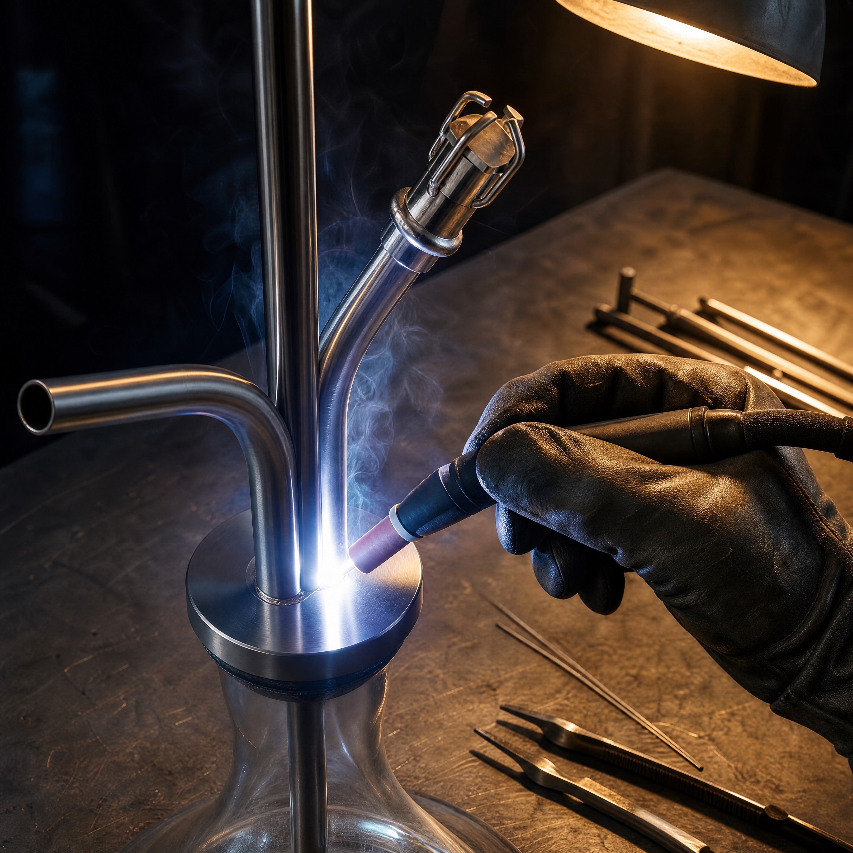 VZ Hookah Classic mid-construction under TIG weld, hand-built in Krasnodar, Russian metalwork craftsmanship.