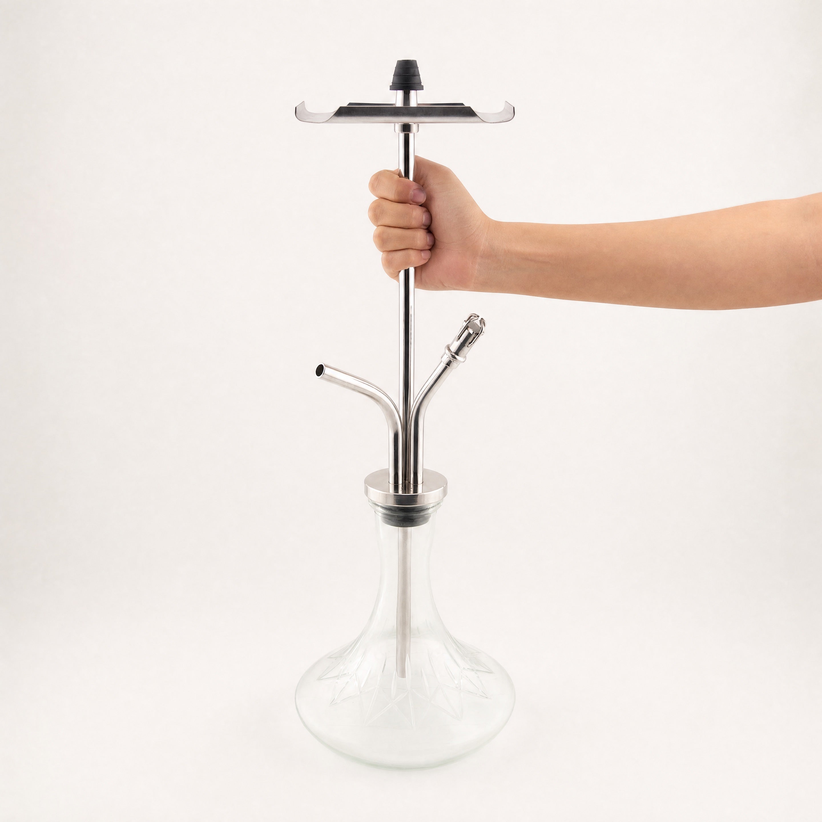 VZ Hookah Classic with hand gripping upper stem for scale reference, 50cm premium stainless steel shisha pipe.