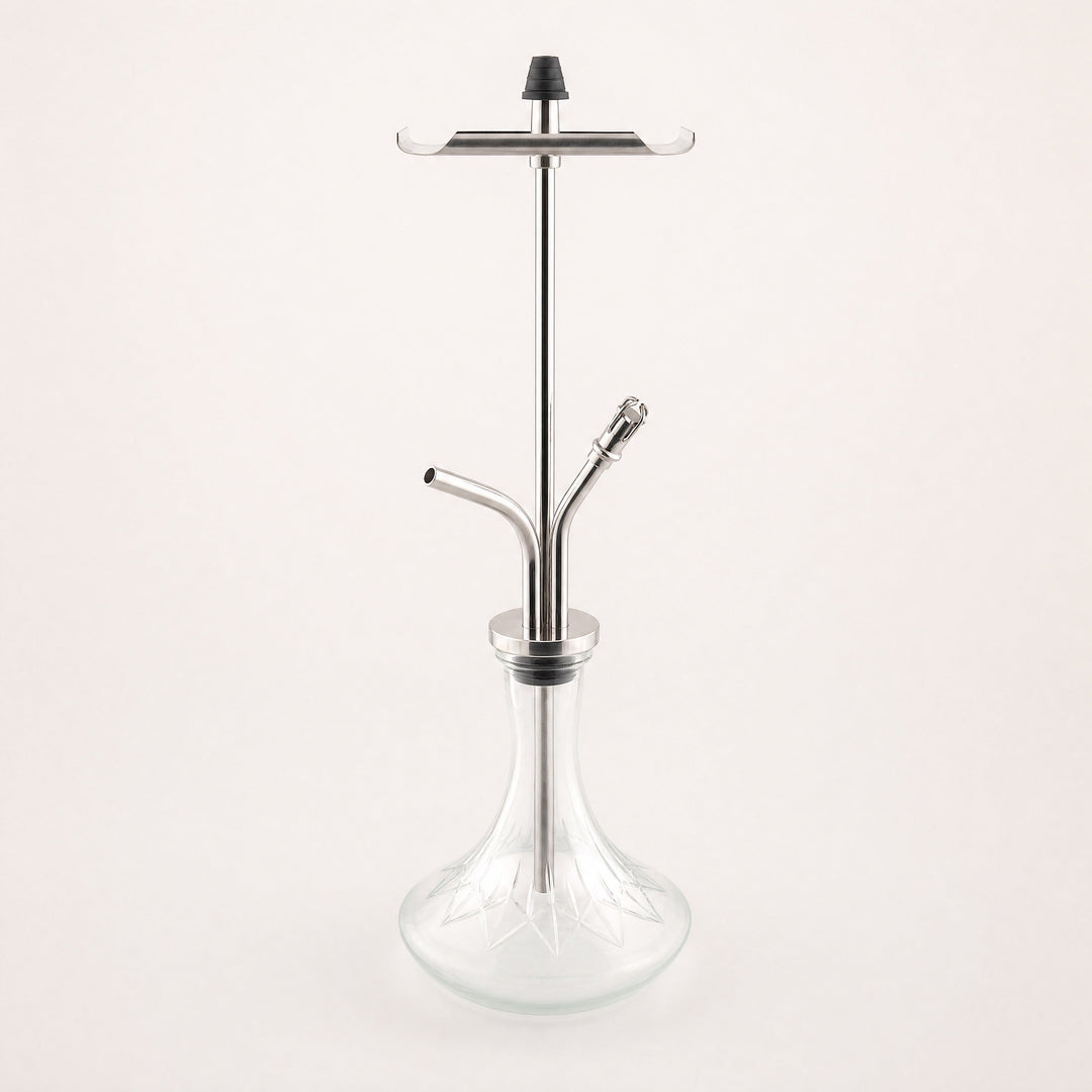 VZ Hookah Classic in AISI 304 stainless steel, three-quarter view showing tray, stem, and etched glass base.