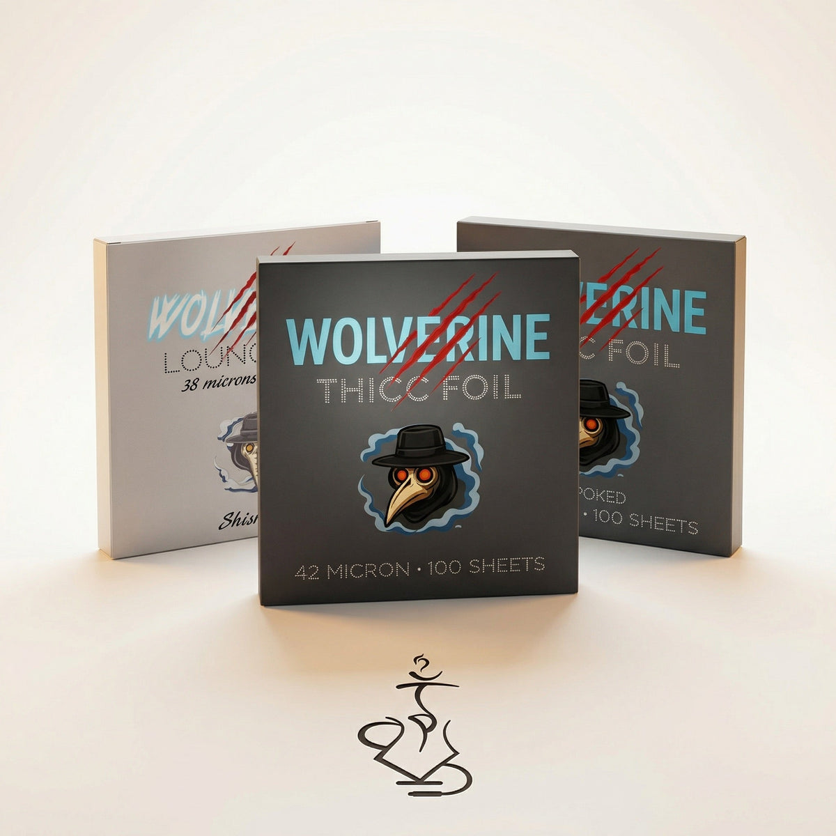 Wolverine heavy-duty plain aluminium hookah foil sheets on dark surface with Thicc Foil dispenser box showing silver metallic sheen, image 4 of 7