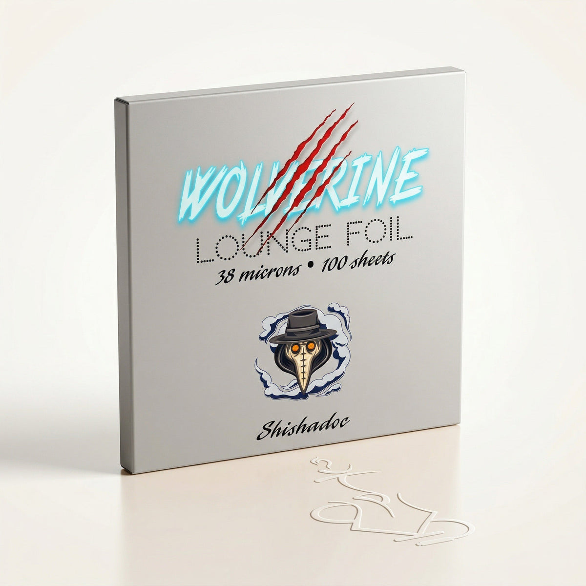 Wolverine Lounge 38-micron hookah foil by ShishaDoc — silver-grey dispenser box with 100 pre-cut aluminium sheets in studio, image 6 of 7