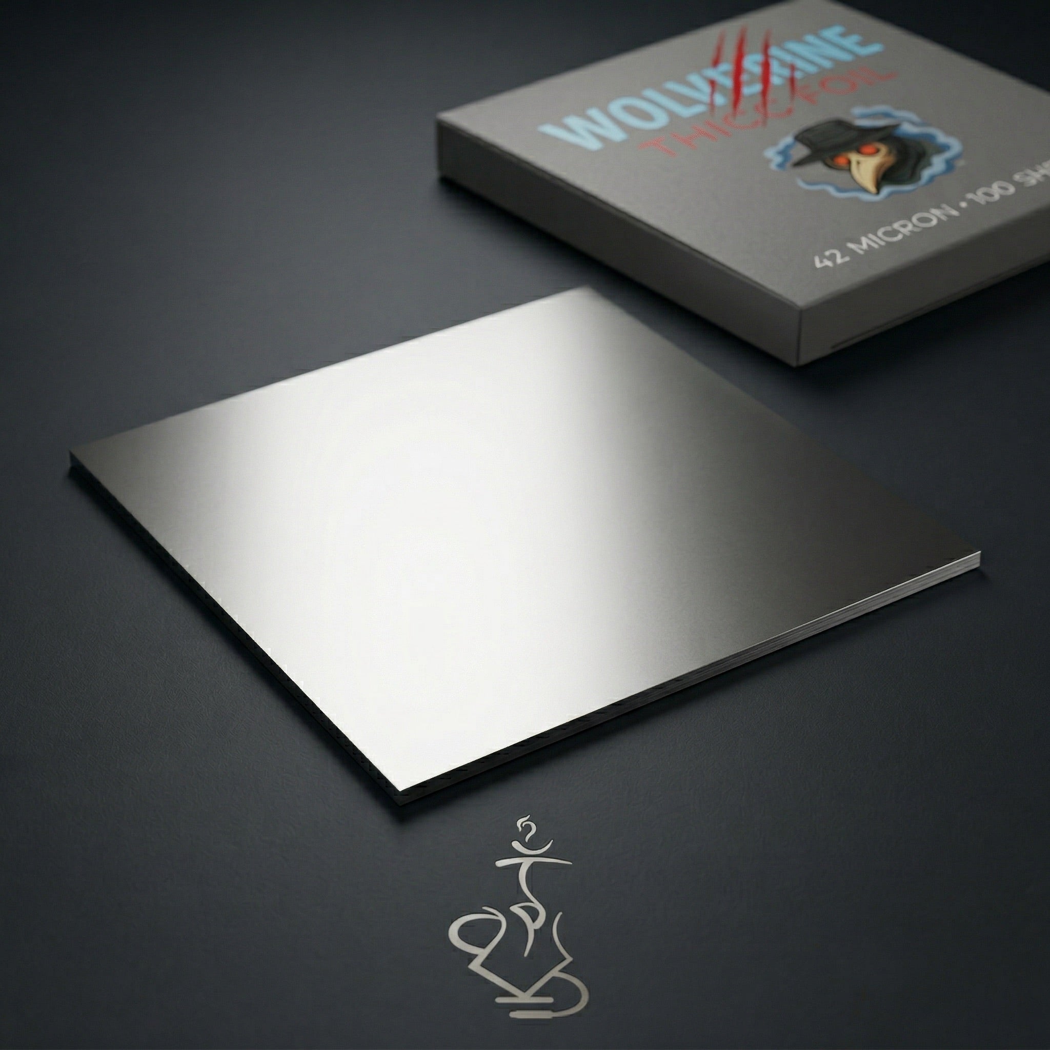 Wolverine heavy-duty plain aluminium hookah foil sheets on dark surface with Thicc Foil dispenser box showing silver metallic sheen