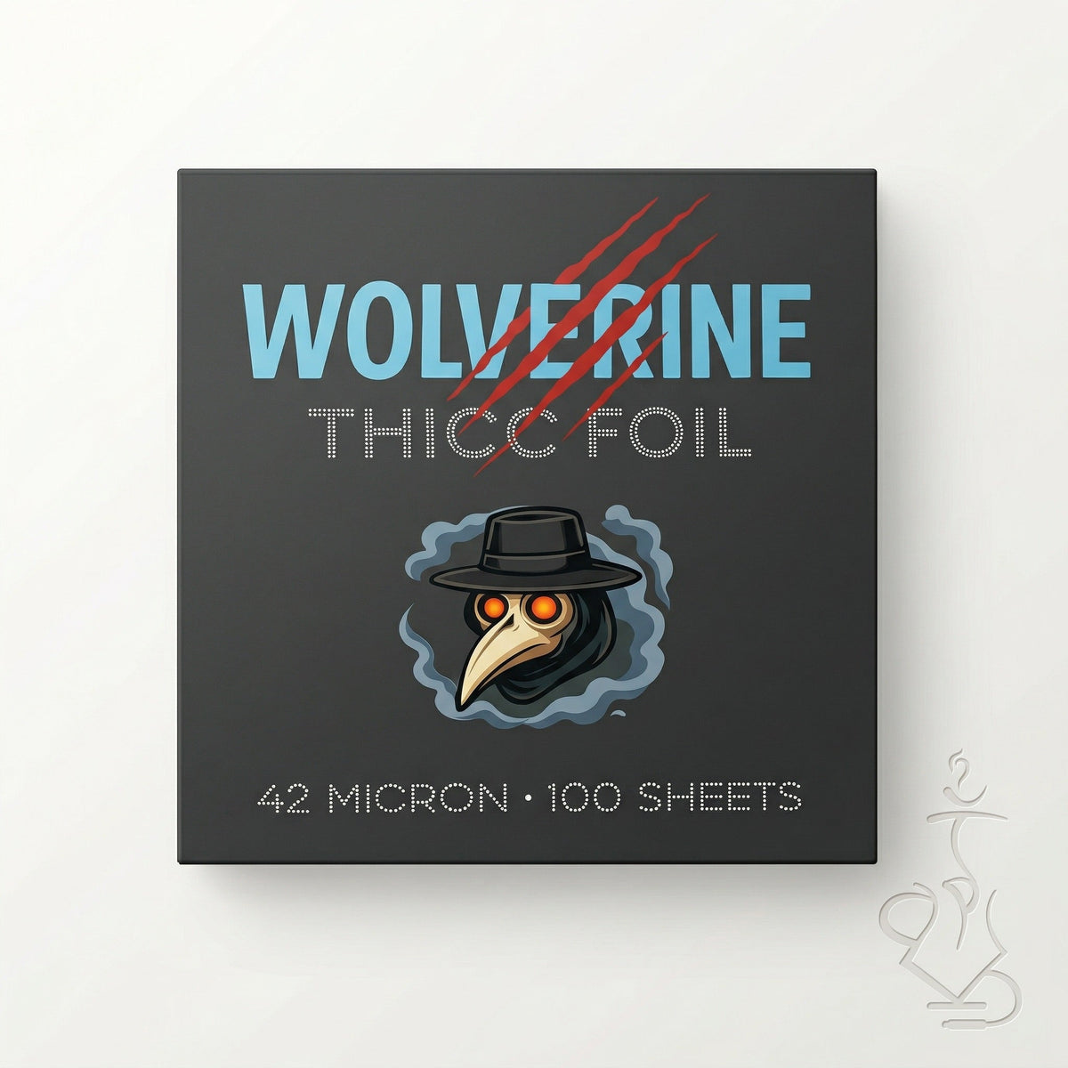 Wolverine Thicc 42-micron plain hookah foil dispenser box — dark charcoal box with cyan branding and plague doctor mascot, image 7 of 7
