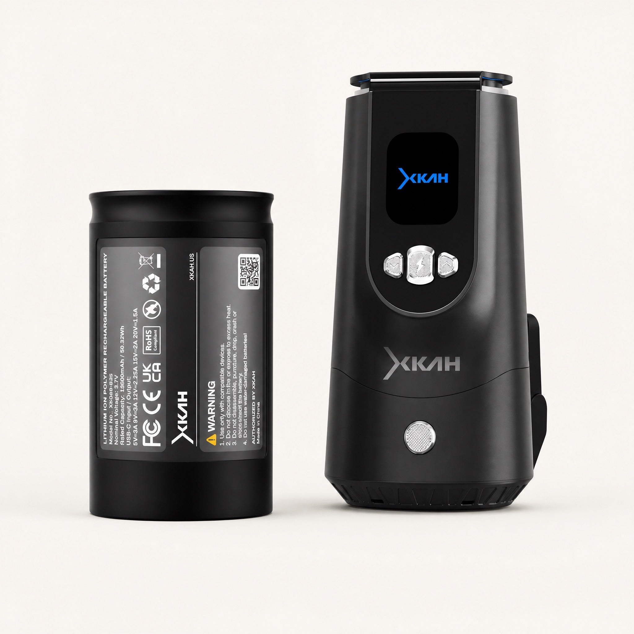 XKAH Pro 13600 mAh battery beside the XKAH Pro eHMD, showing the spare cell paired with its device.