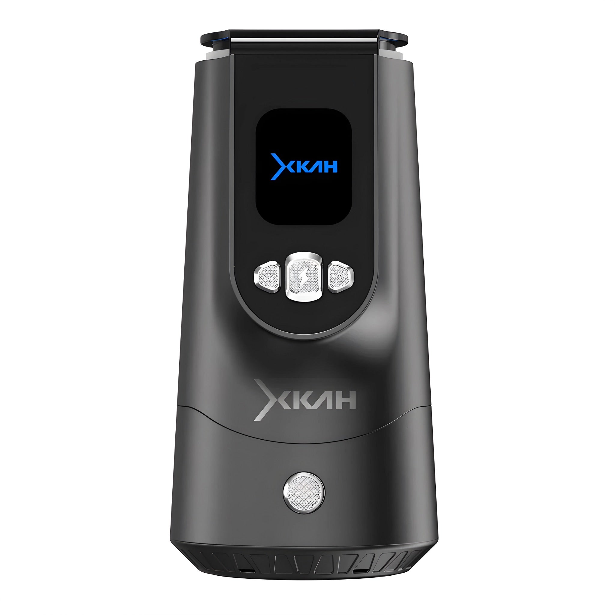 XKAH Pro electronic heat management device front view, matte black body with cool blue OLED display logo lit.