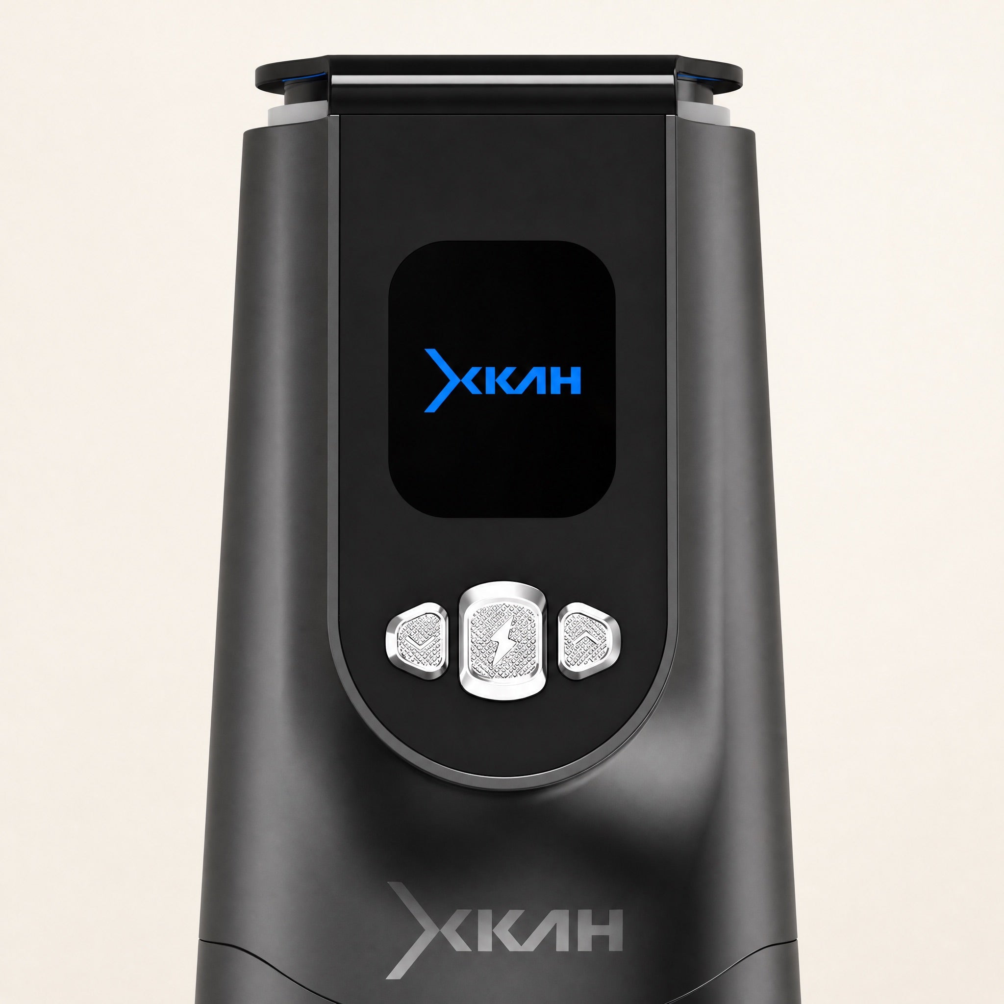 Macro of the XKAH Pro display and three precision control buttons, the cool blue OLED screen reading active.