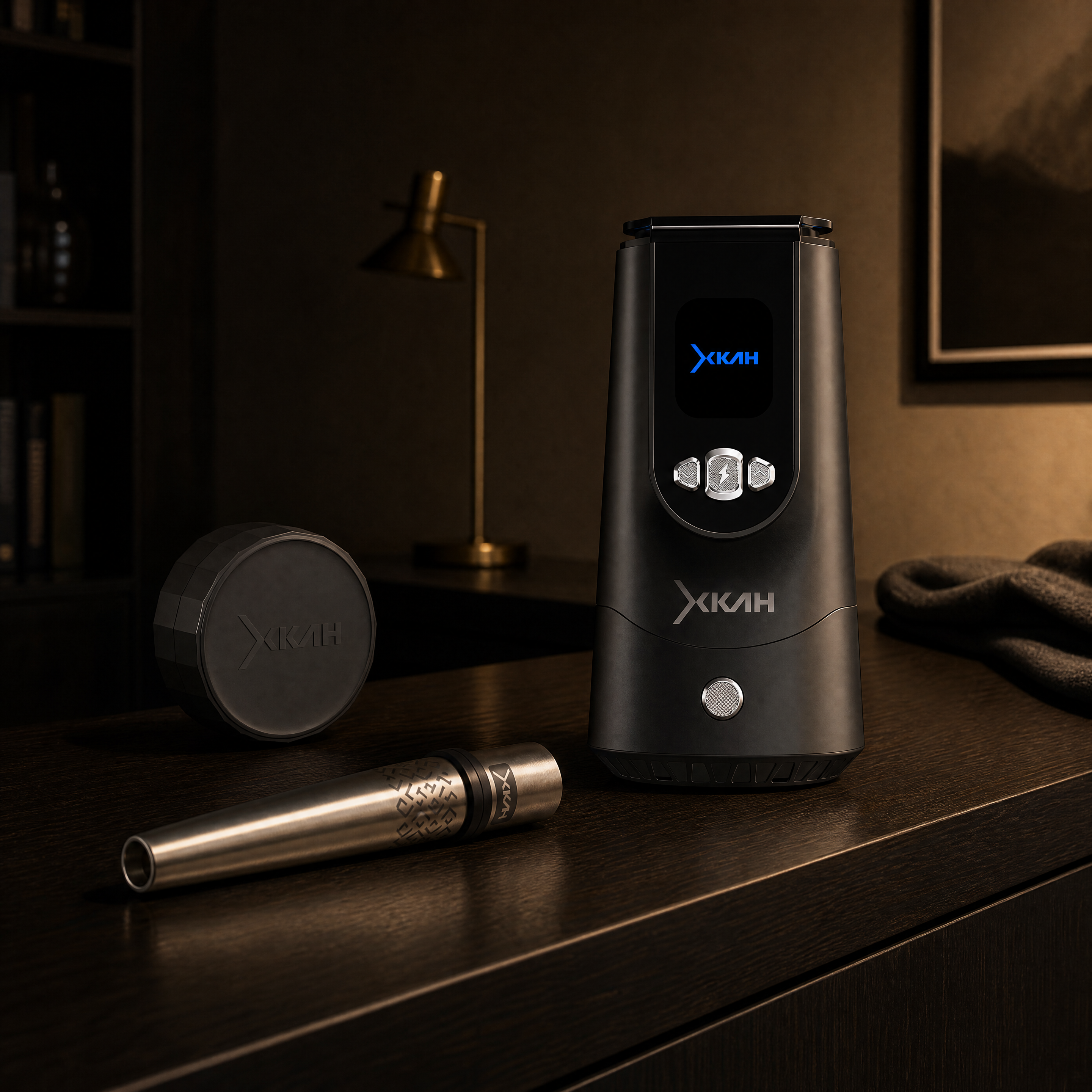 XKAH Pro Master Kit at a dusk session setup — eHMD, XKAH Pod Carry Case and stainless steel reusable mouthpiece on a dark walnut console — The Premium Shisha