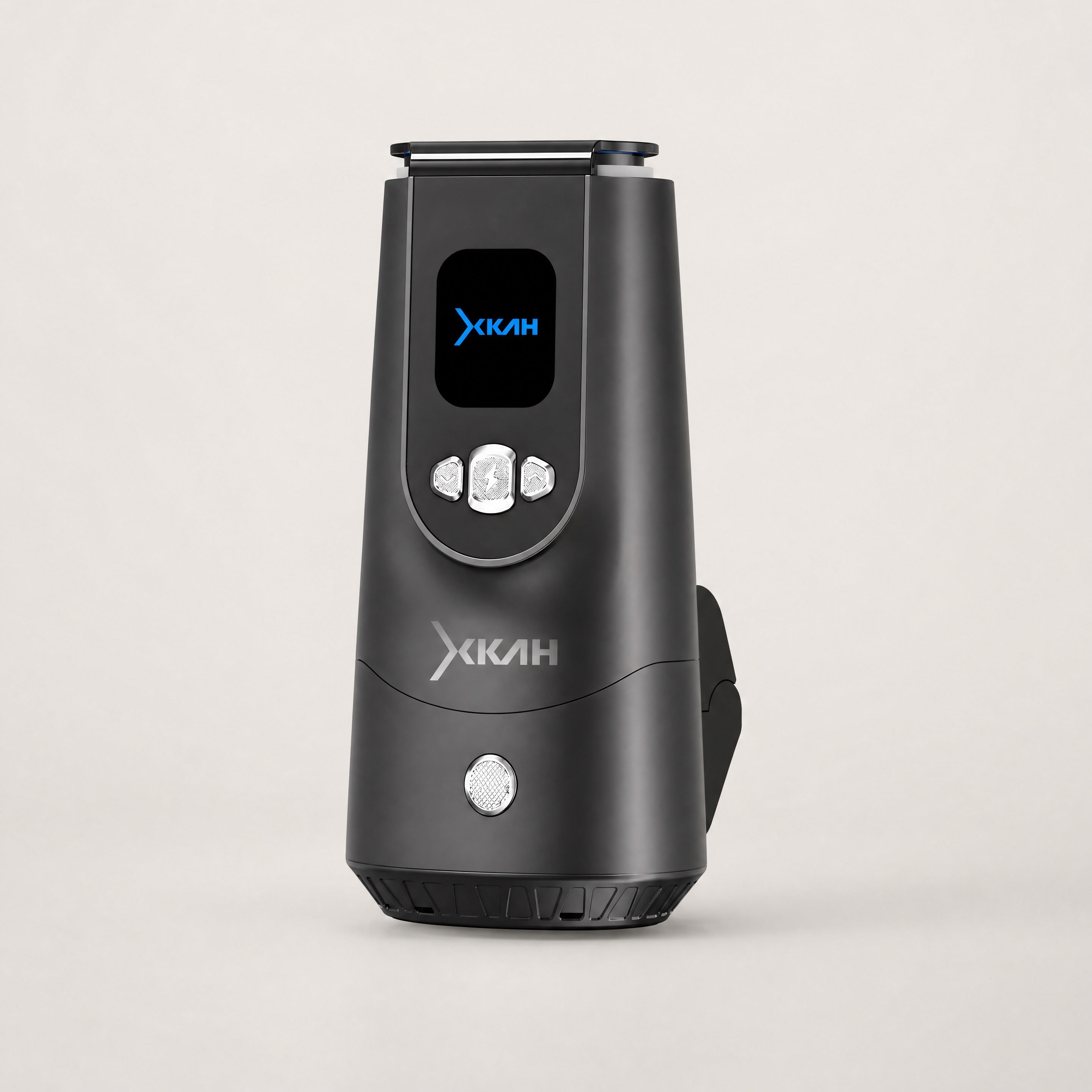 XKAH Pro eHMD in Graphite front three-quarter view showing OLED display with blue XKAH wordmark, chrome control buttons and embossed silver wordmark — The Premium Shisha